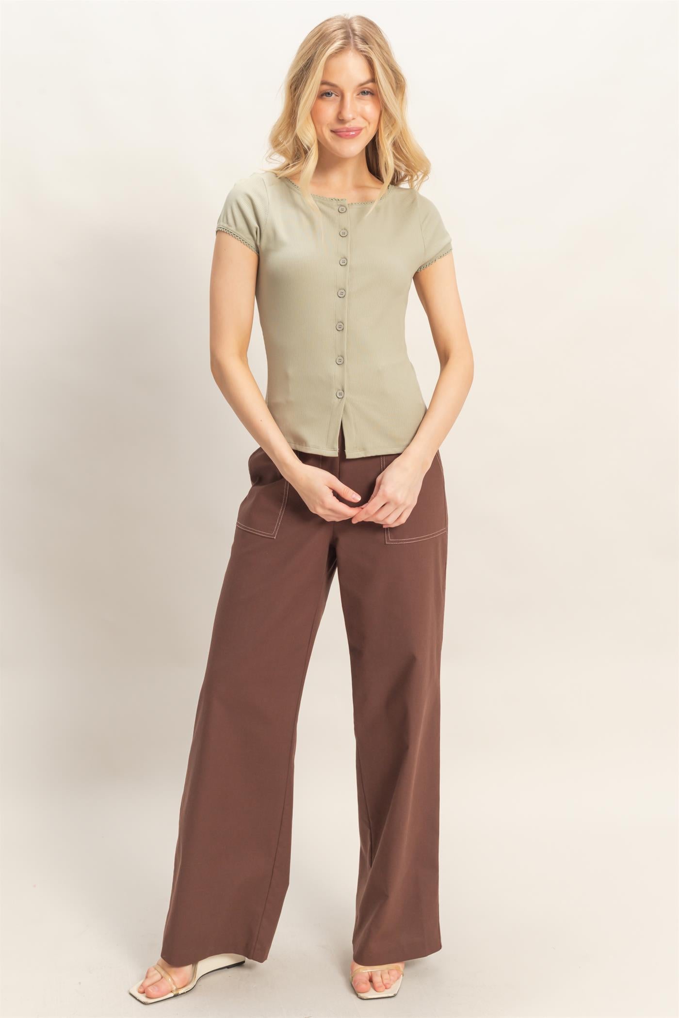 Wholesale Scalloped Button Front Top Clothing Tops HF26C607 SPRING OLIVE HYFVE