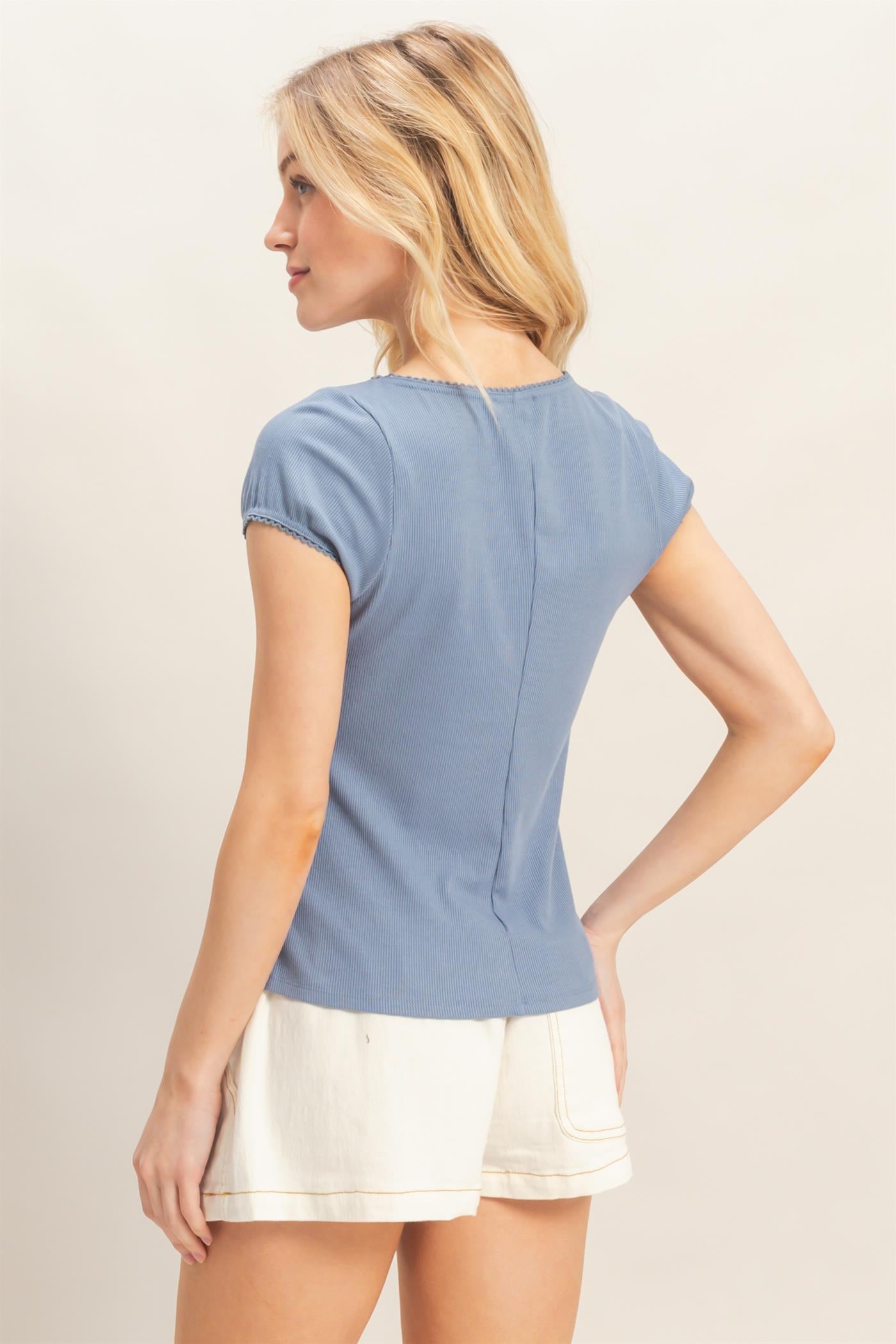 Wholesale Scalloped Button Front Top Clothing Tops HF26C607 DENIM BLUE HYFVE
