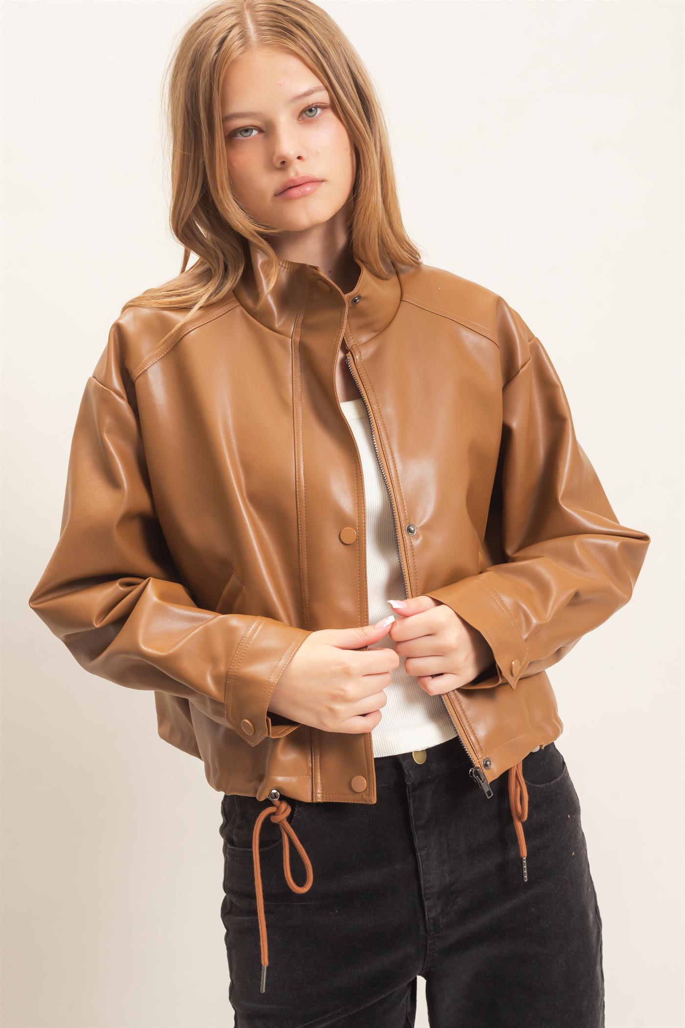 Wholesale Faux Leather Jacket With Stand Collar Bomber Jackets HF25F452 BROWN HYFVE