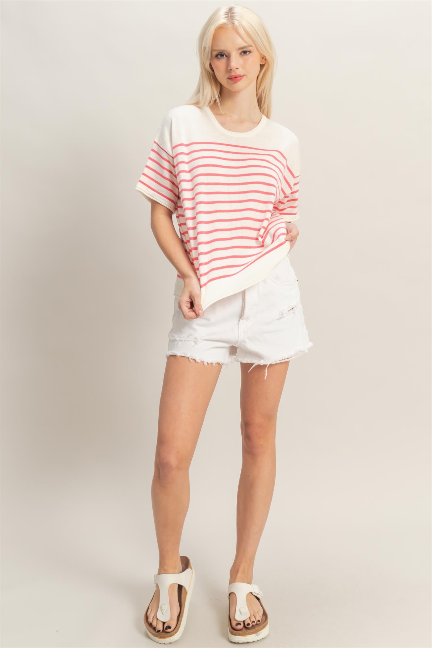 Wholesale Striped Short Sleeve Knit Top Clothing Tops DZ26A838 PINK DOUBLE ZERO