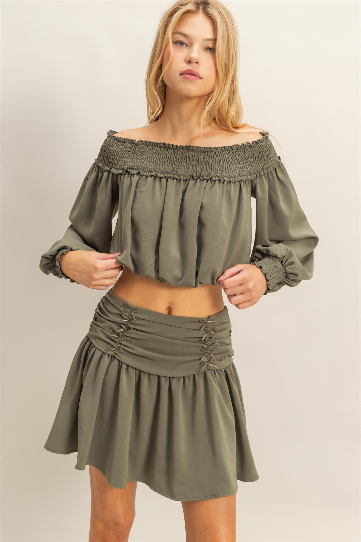 Wholesale Romantic Off Shoulder Top And Gathered Skirt Set Clothing HF25A243-SET OLIVE HYFVE