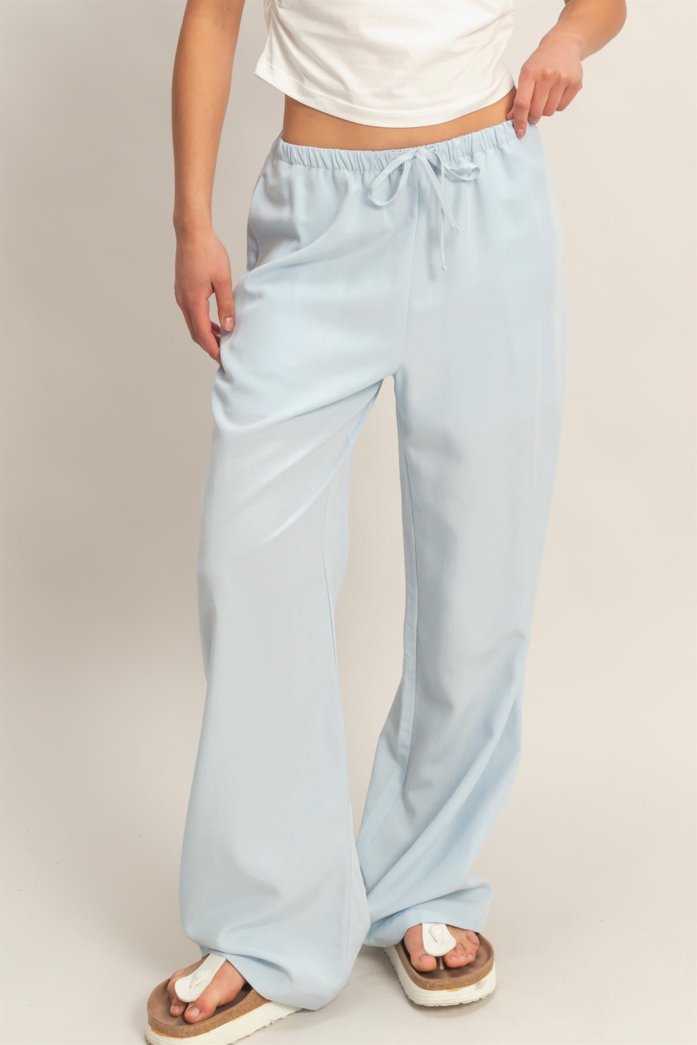 Wholesale Lyocell Linen Elastic Waist Straight Leg Pants Pants DZ26A979 ICE BLUE DOUBLE ZERO