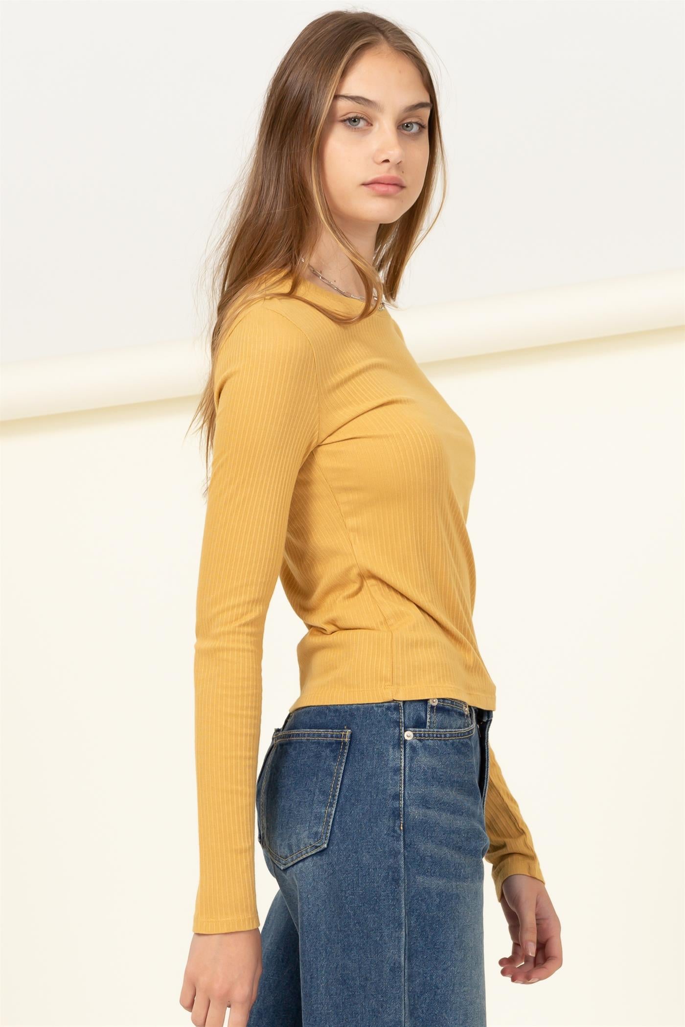 Wholesale Basic Ribbed Knit Top Clothing Tops DZ21G039 HONEY MUSTARD DOUBLE ZERO