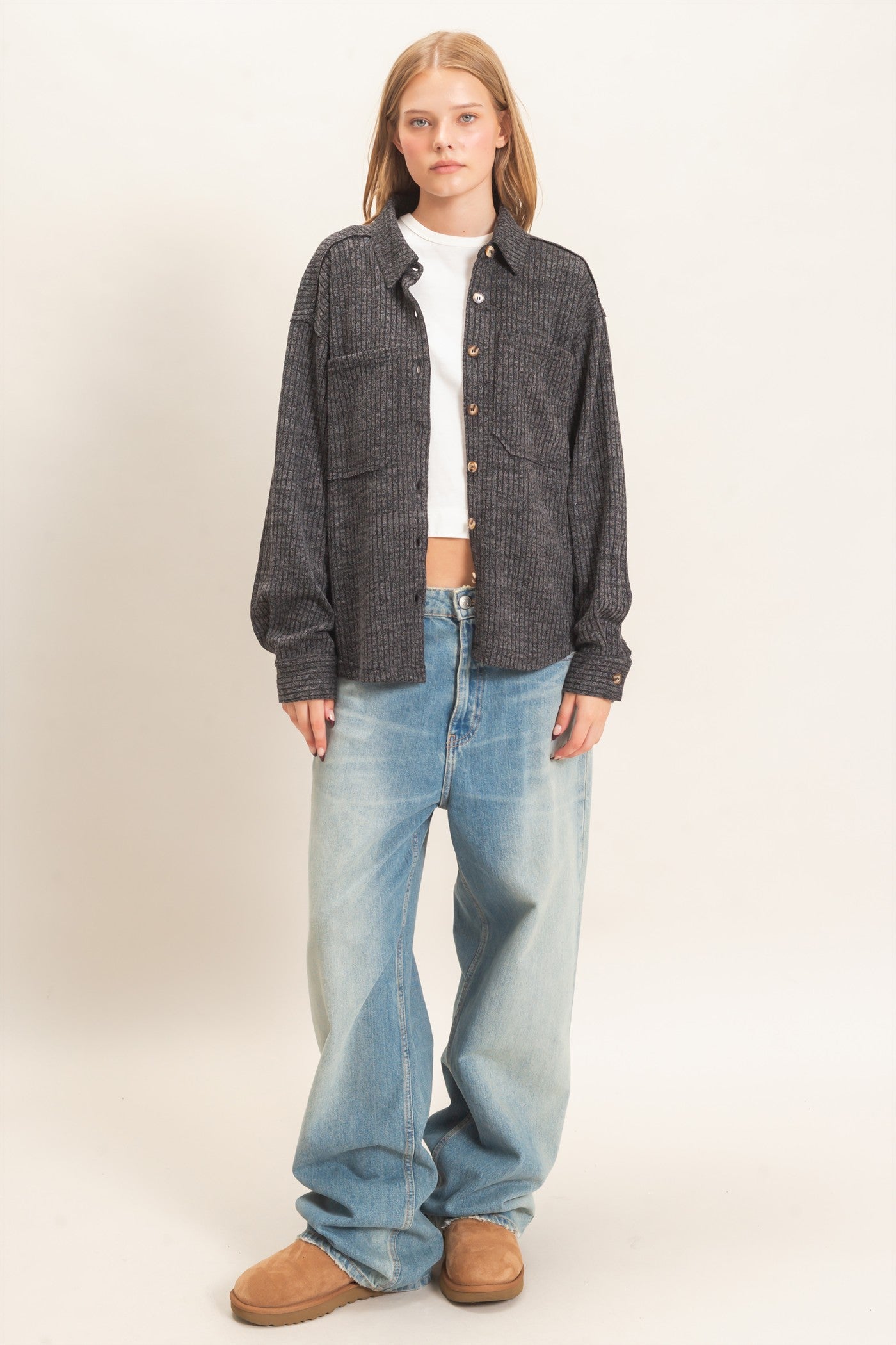 Wholesale Corduroy Button-Up Shirt Shirts HF26F138 BLACK HYFVE