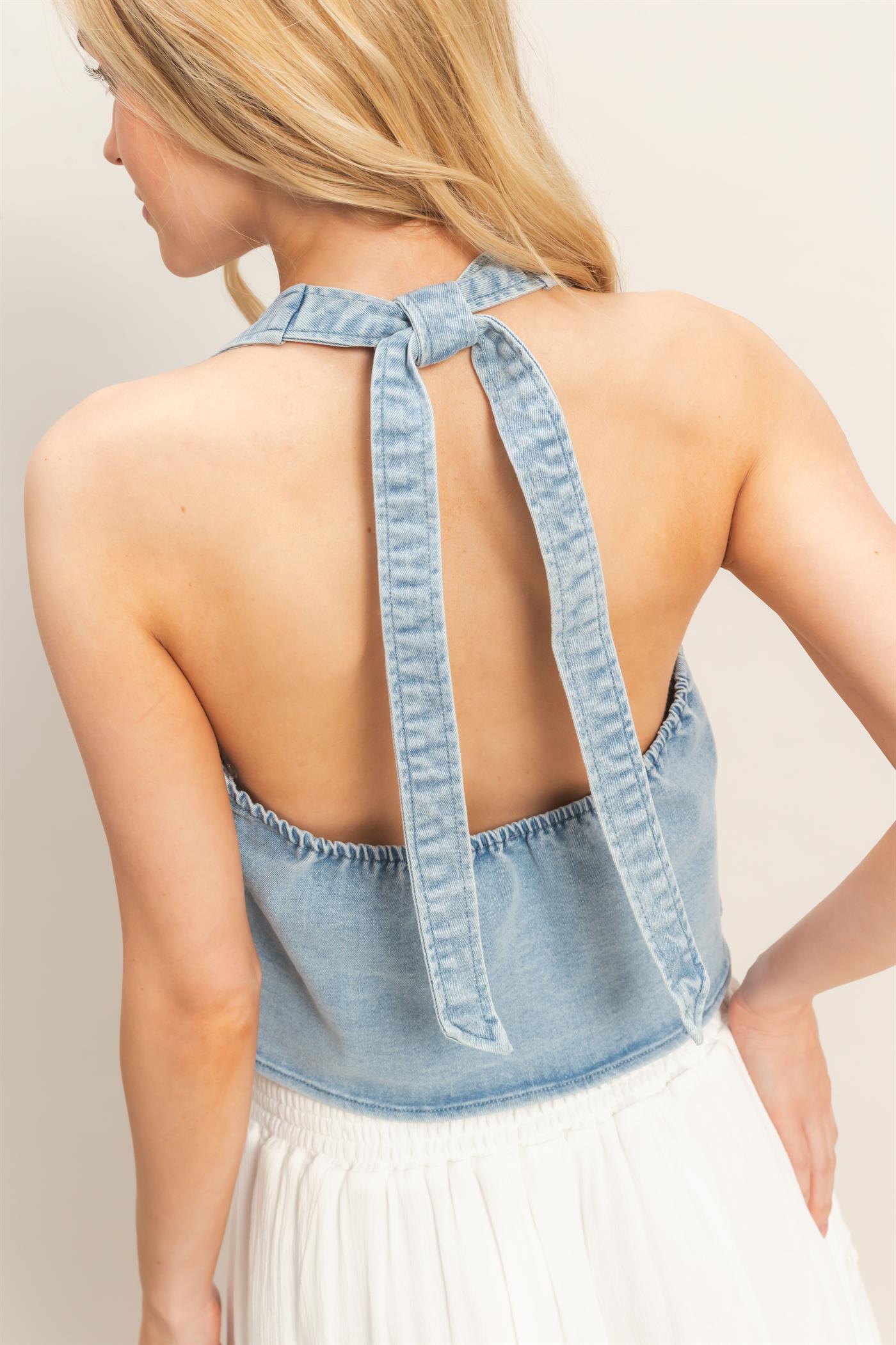 Wholesale Denim Halter Wrap Top Clothing Tops HF26C565 LIGHT BLUE HYFVE