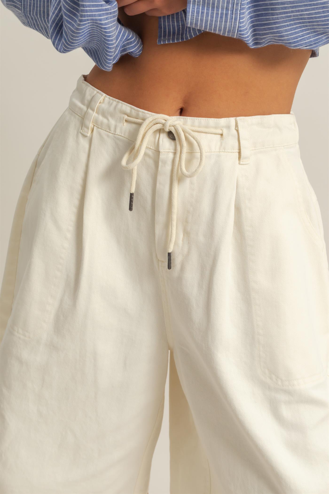 Wholesale Drawstring Waist Wide Leg Jorts Shorts DZ26F283 CREAM DOUBLE ZERO