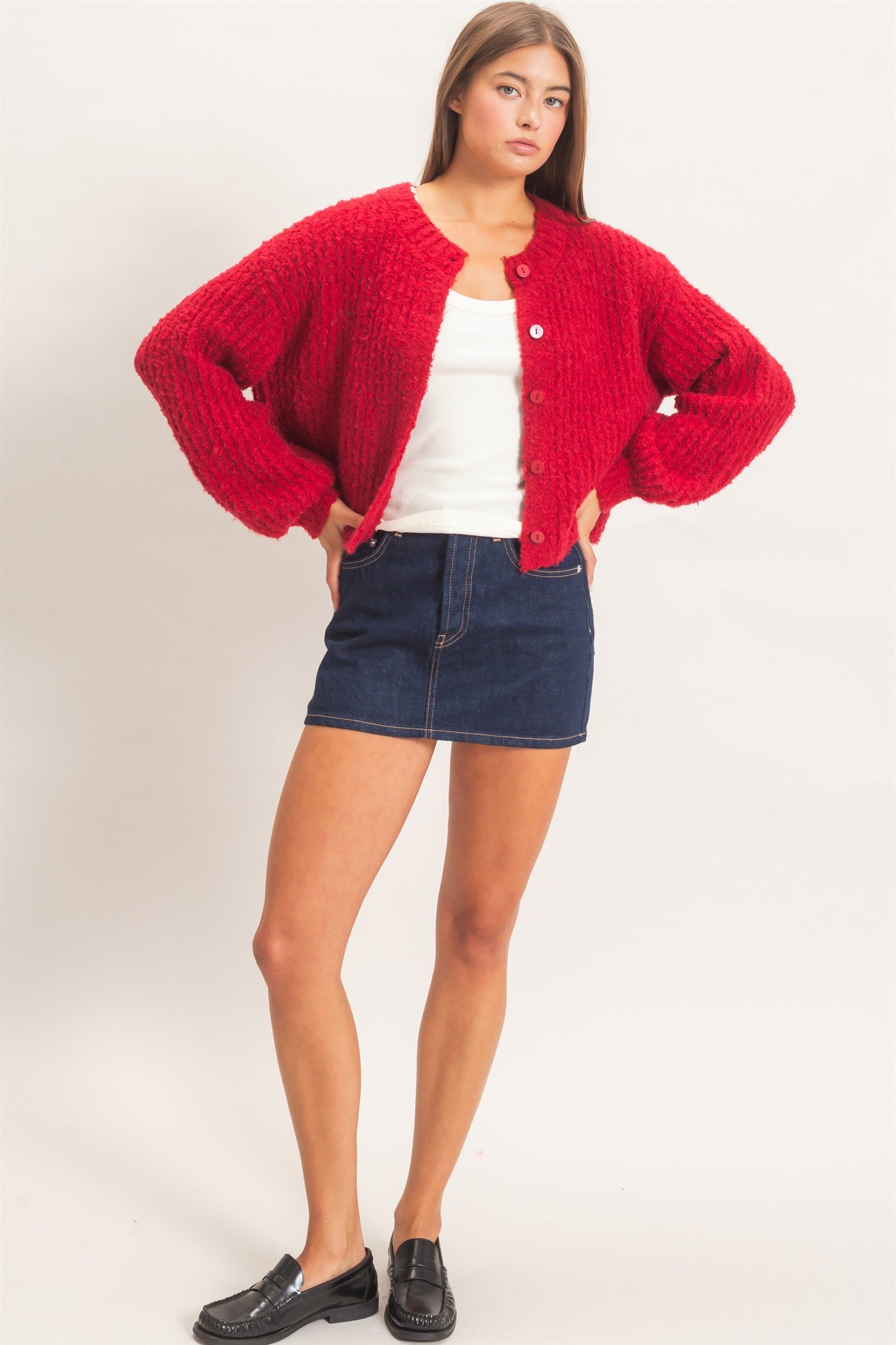 Wholesale Boucle Knit Button Front Cardigan Cardigans DZ26E270 DARK RED DOUBLE ZERO