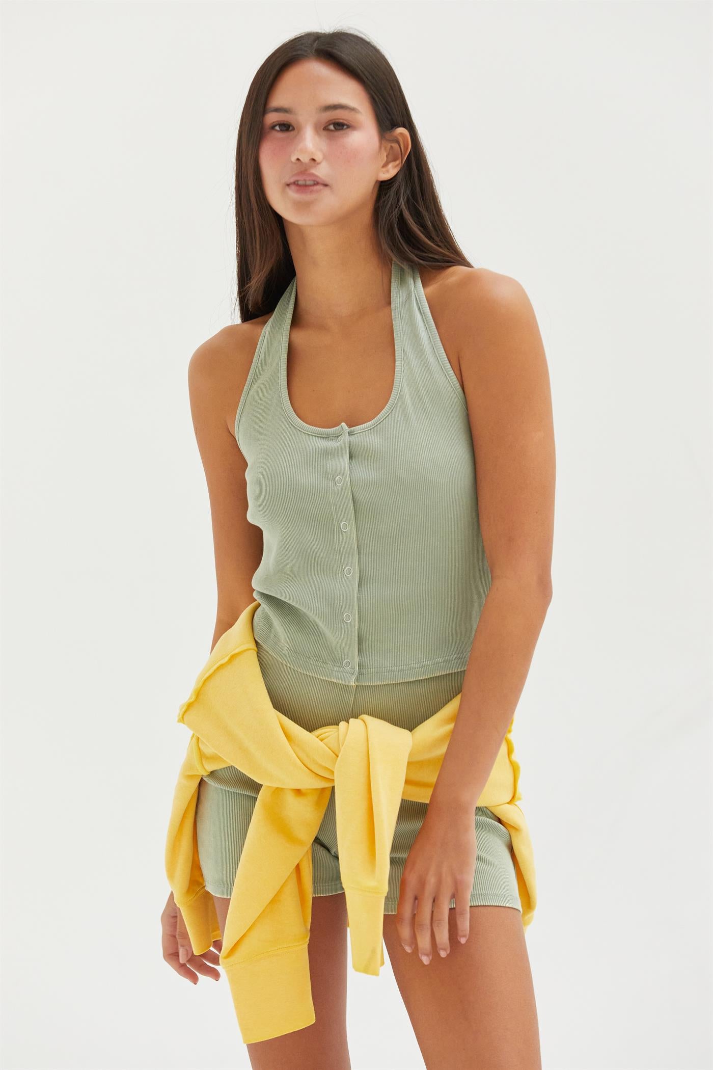 Wholesale Halter Neck Buttoned Washed Tank Top Clothing Tops DZ25A293 SAGE GREEN DOUBLE ZERO