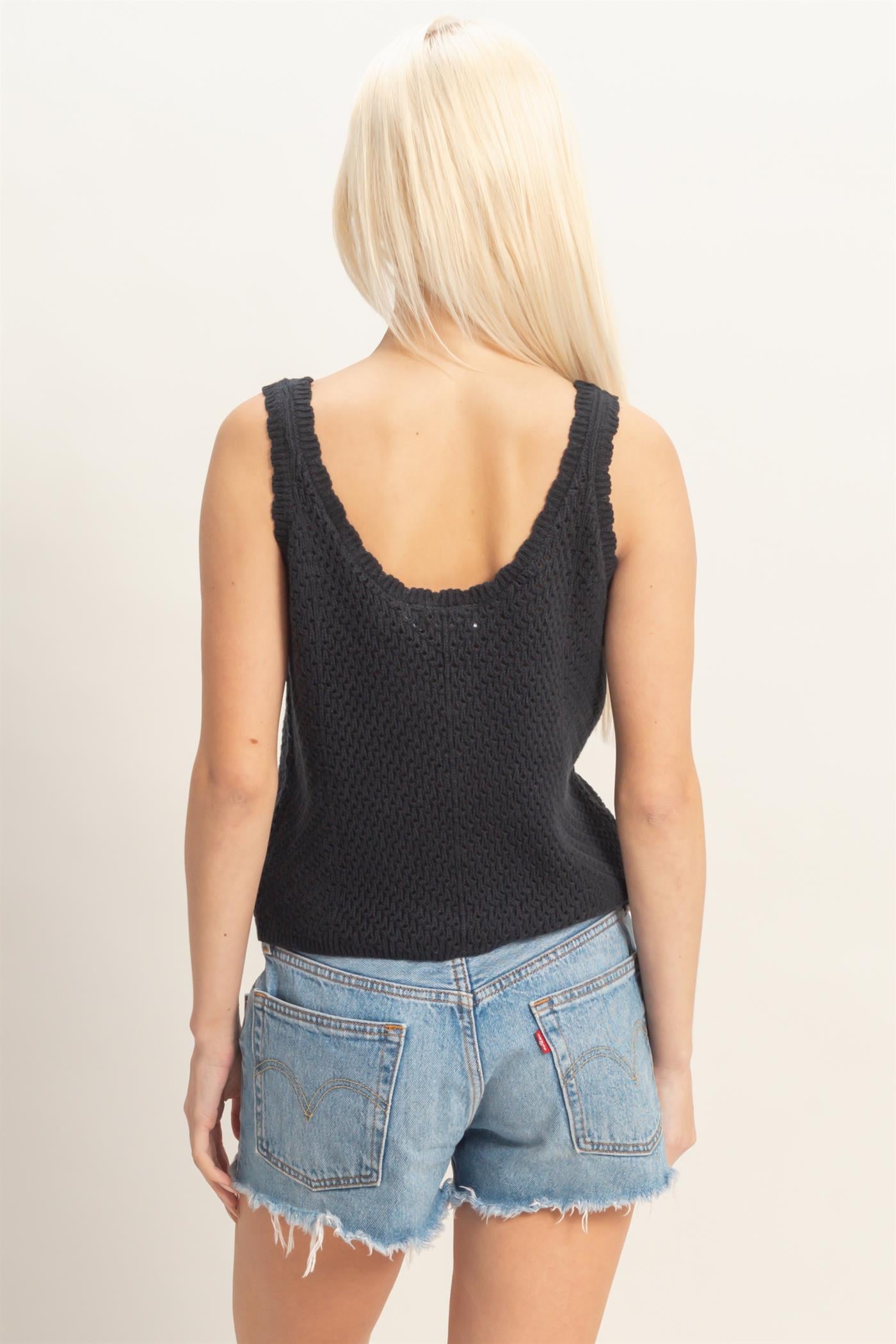 Wholesale Open Knit Scallop Edge Button Front Tank Top Tank Tops DZ26A221 BLACK DOUBLE ZERO