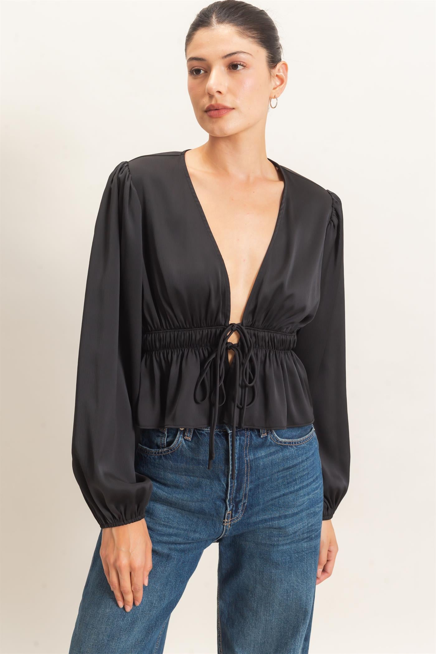 Wholesale Plunging Tie-Front Blouse Blouses HF26F082 BLACK HYFVE