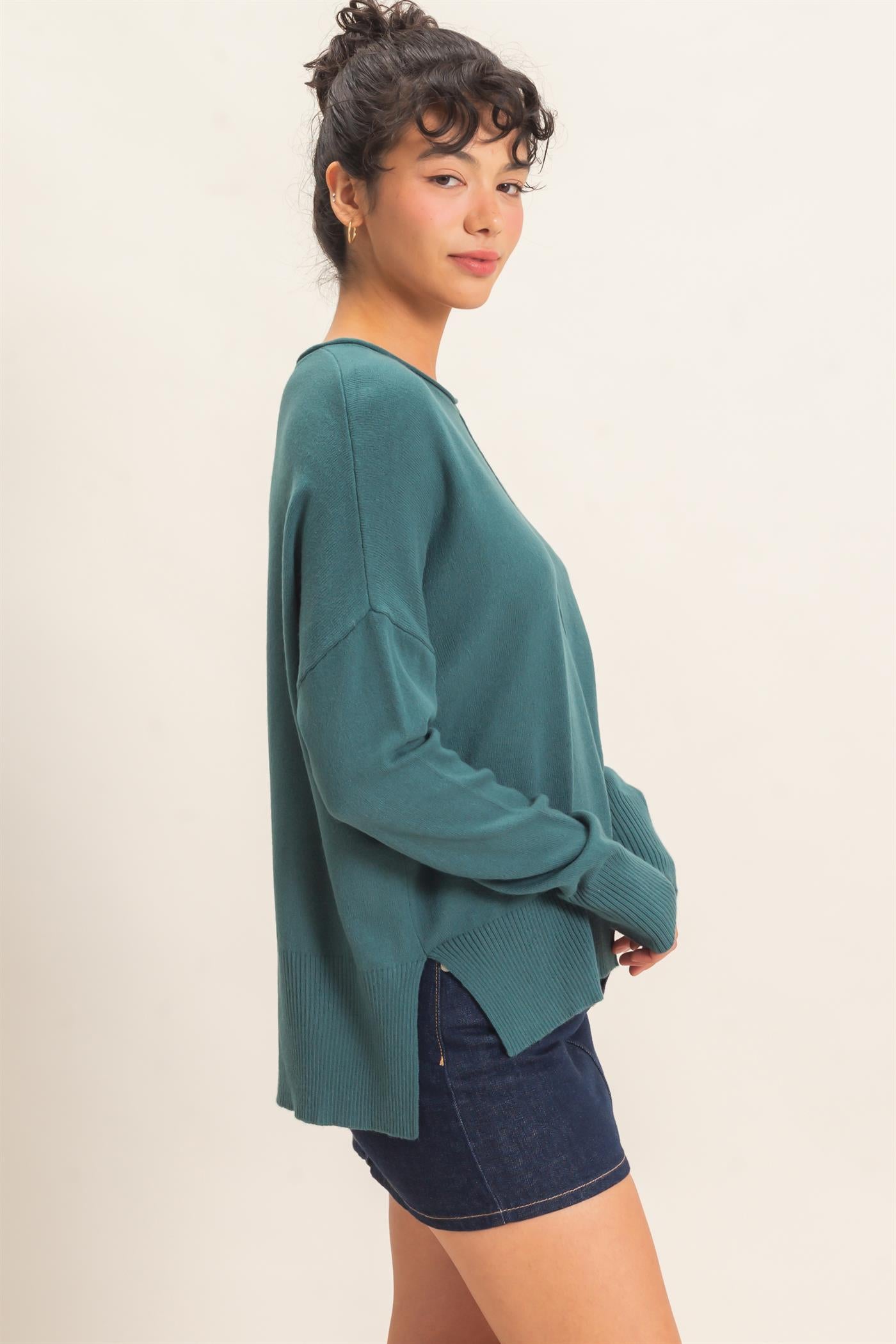 Wholesale Roll Neck Seam Detail Sweater Sweaters DZ26C975 DARK TEAL DOUBLE ZERO