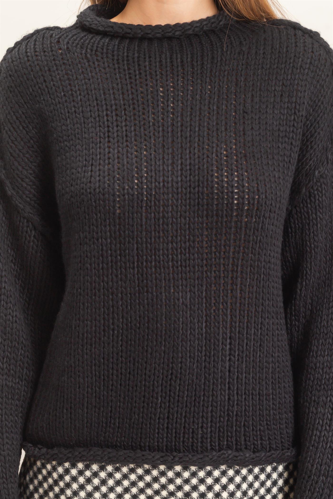 Wholesale Rolled Collar Loose Knit Sweater Sweaters HF26C859 BLACK HYFVE