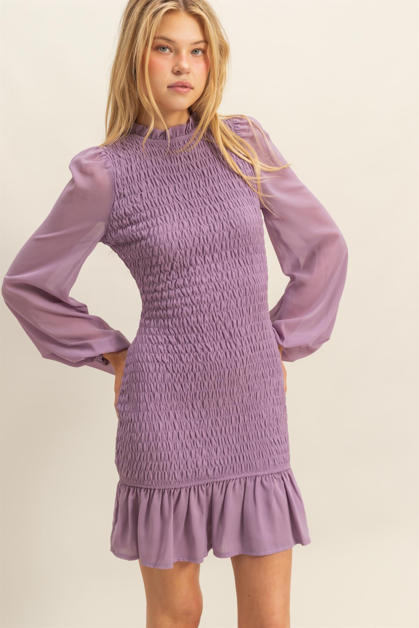 Wholesale Smocked Ruffled Mini Dress Dresses HF23G430 LAVENDER HYFVE