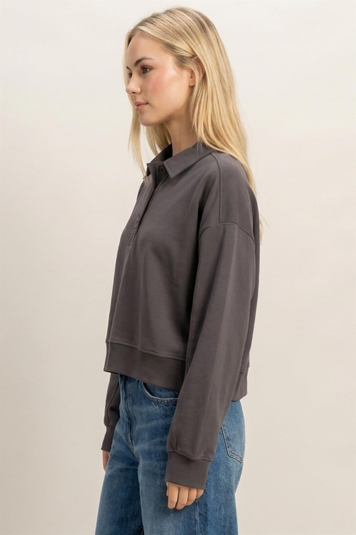 Wholesale Washed Button-Front Collared Sweatshirt Sweatshirts DZ26E390 CHARCOAL DOUBLE ZERO