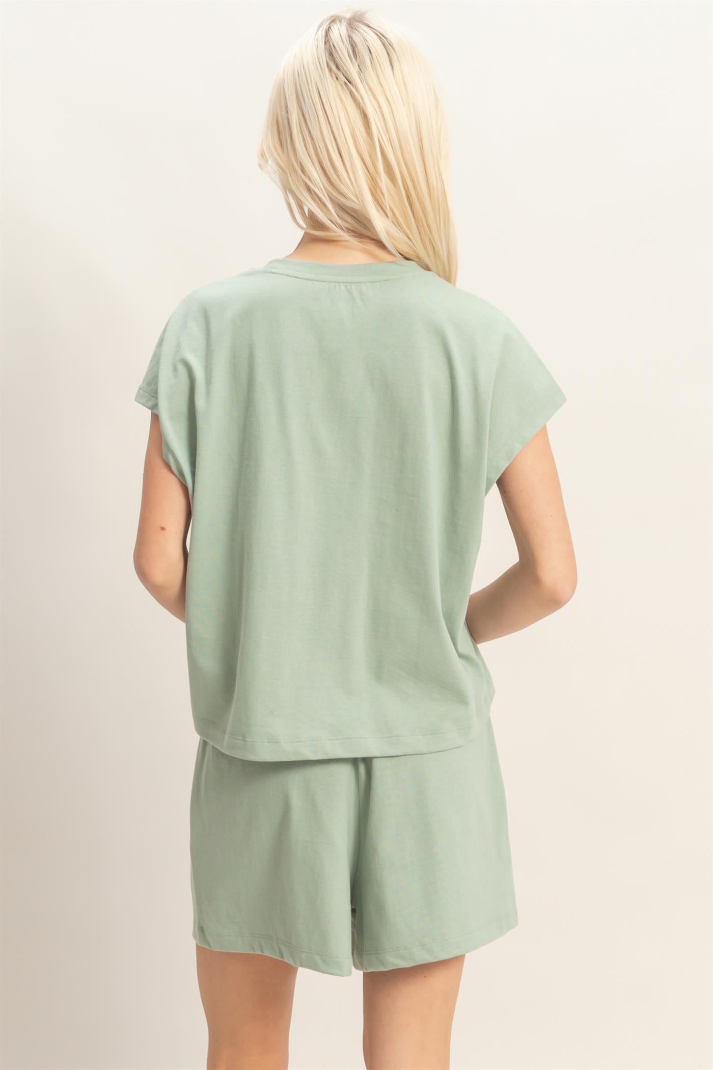 Wholesale Cap Sleeve Boxy Top And Shorts Set Clothing DZ26C543-SET SAGE GREEN DOUBLE ZERO
