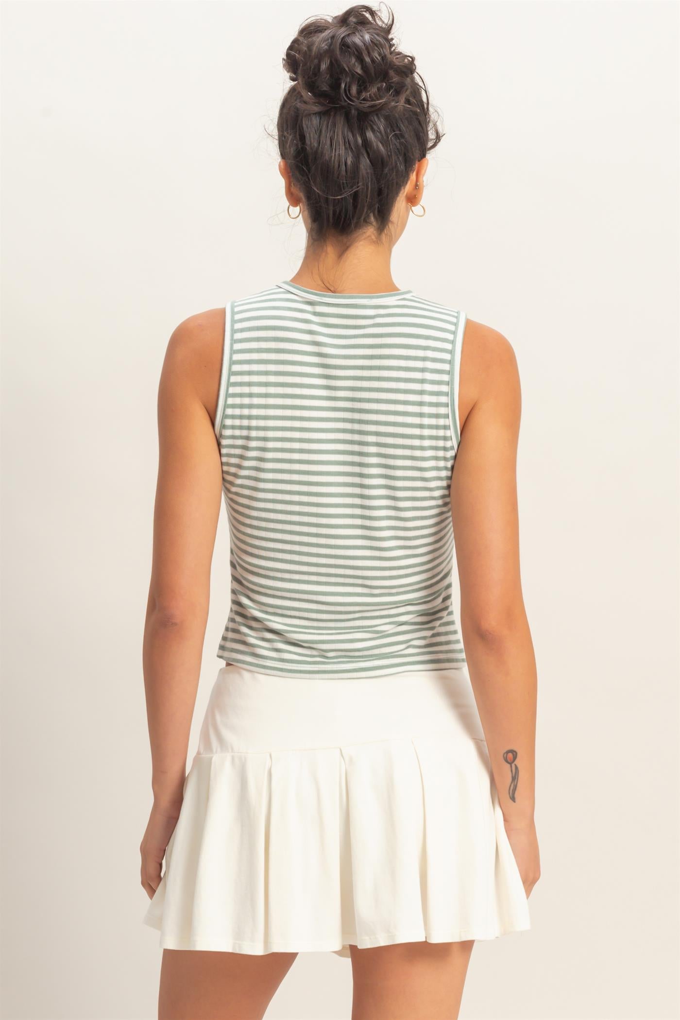Wholesale Striped Button-Front Crew Neck Sleeveless Top Clothing Tops DZ26C075 SAGE GREEN DOUBLE ZERO