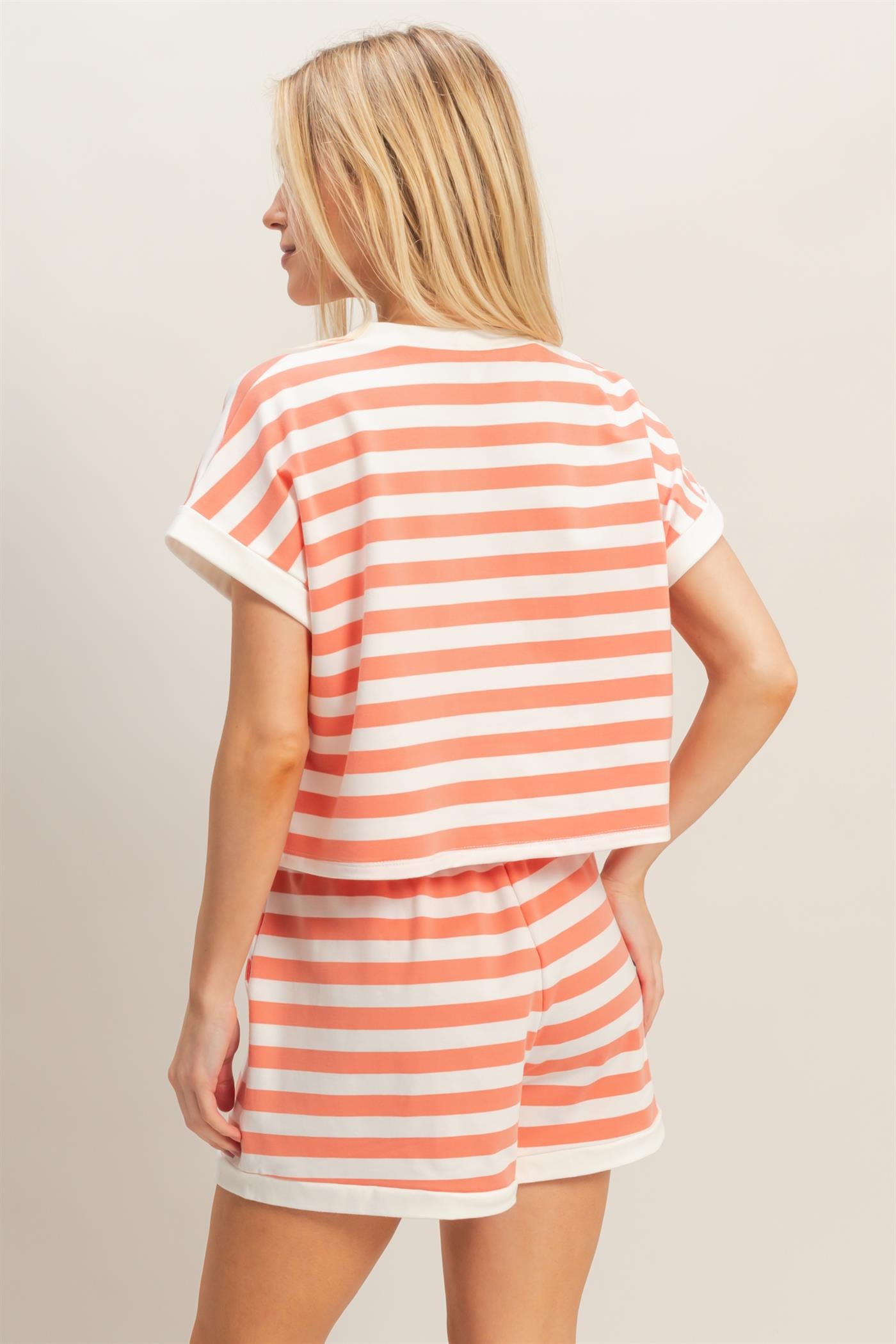 Wholesale Striped Short Sleeve Top & Shorts Set Clothing HF26C064-SET SALMON HYFVE