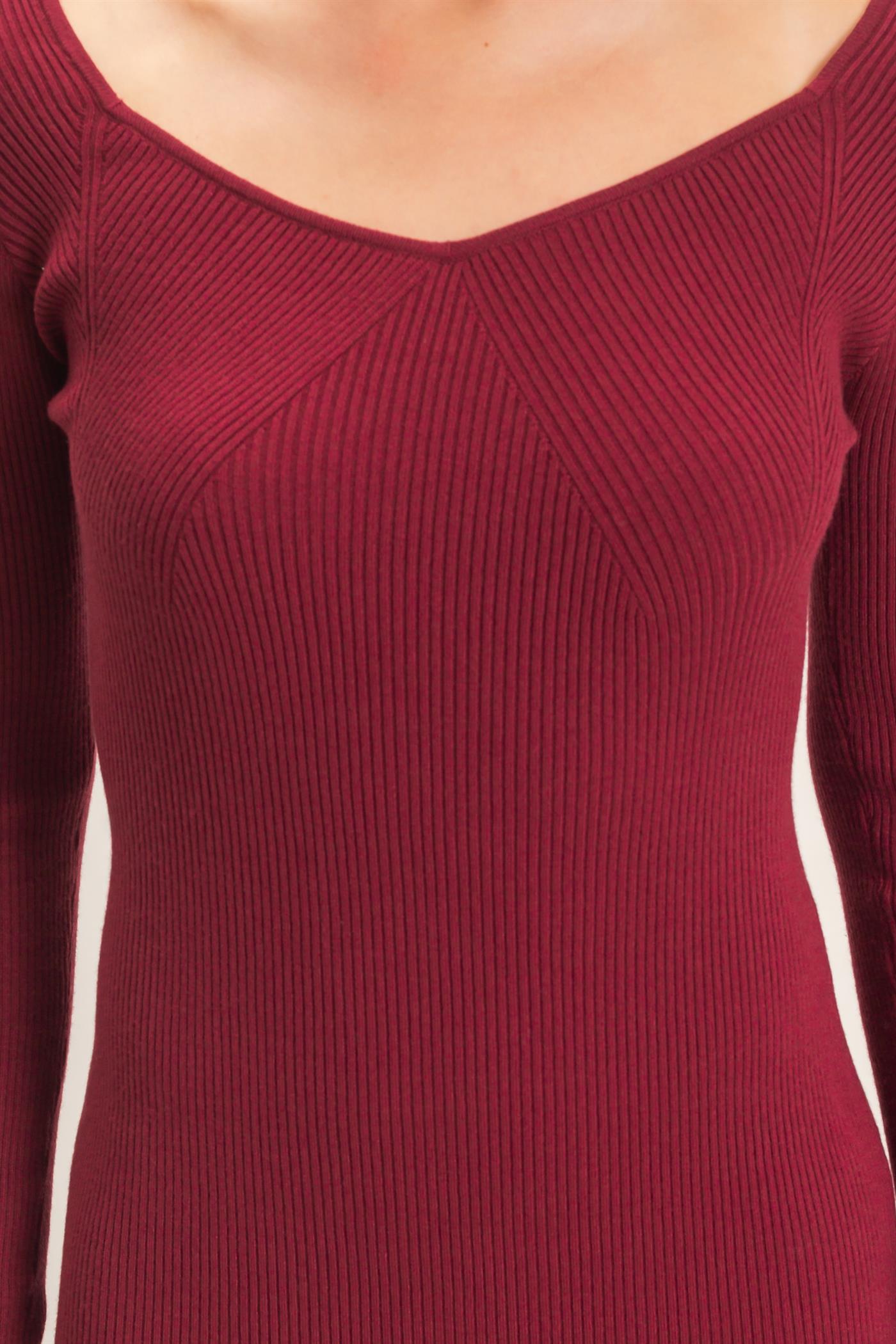 Wholesale Ribbed V-Neck Long Sleeve Dress Dresses HF26E217 RUBY WINE HYFVE