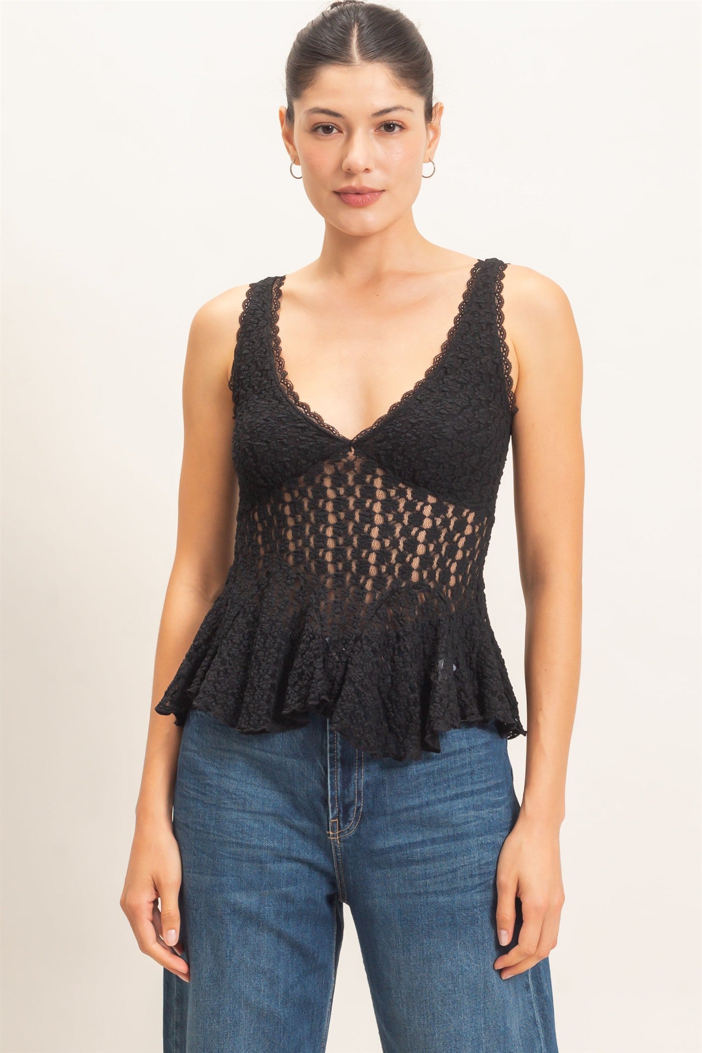 Wholesale Lace V-Neck Peplum Top Clothing Tops HF26E088 BLACK HYFVE
