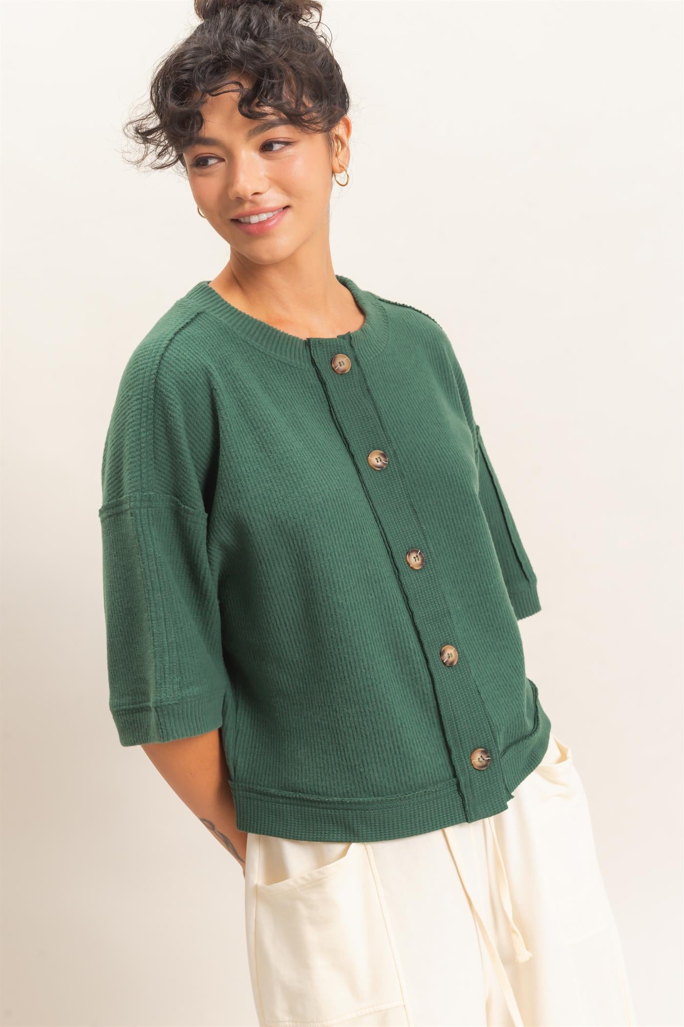 Wholesale Button-Down Short Sleeve Waffle Top Clothing Tops DZ26F244 DARK GREEN DOUBLE ZERO