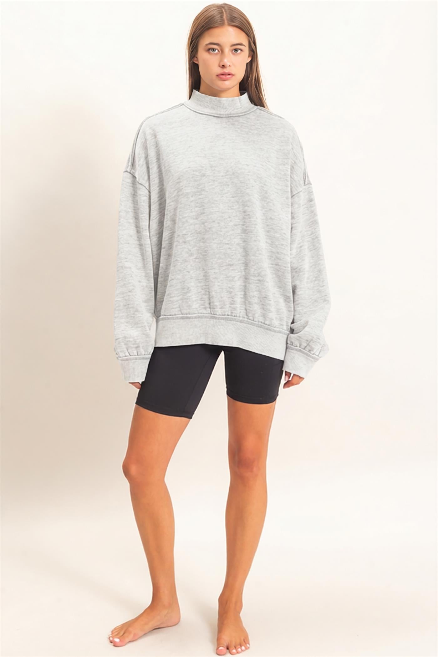 Wholesale Acid Washed Mock Neck Sweatshirt Sweatshirts DZ26E656 HEATHER GRAY DOUBLE ZERO