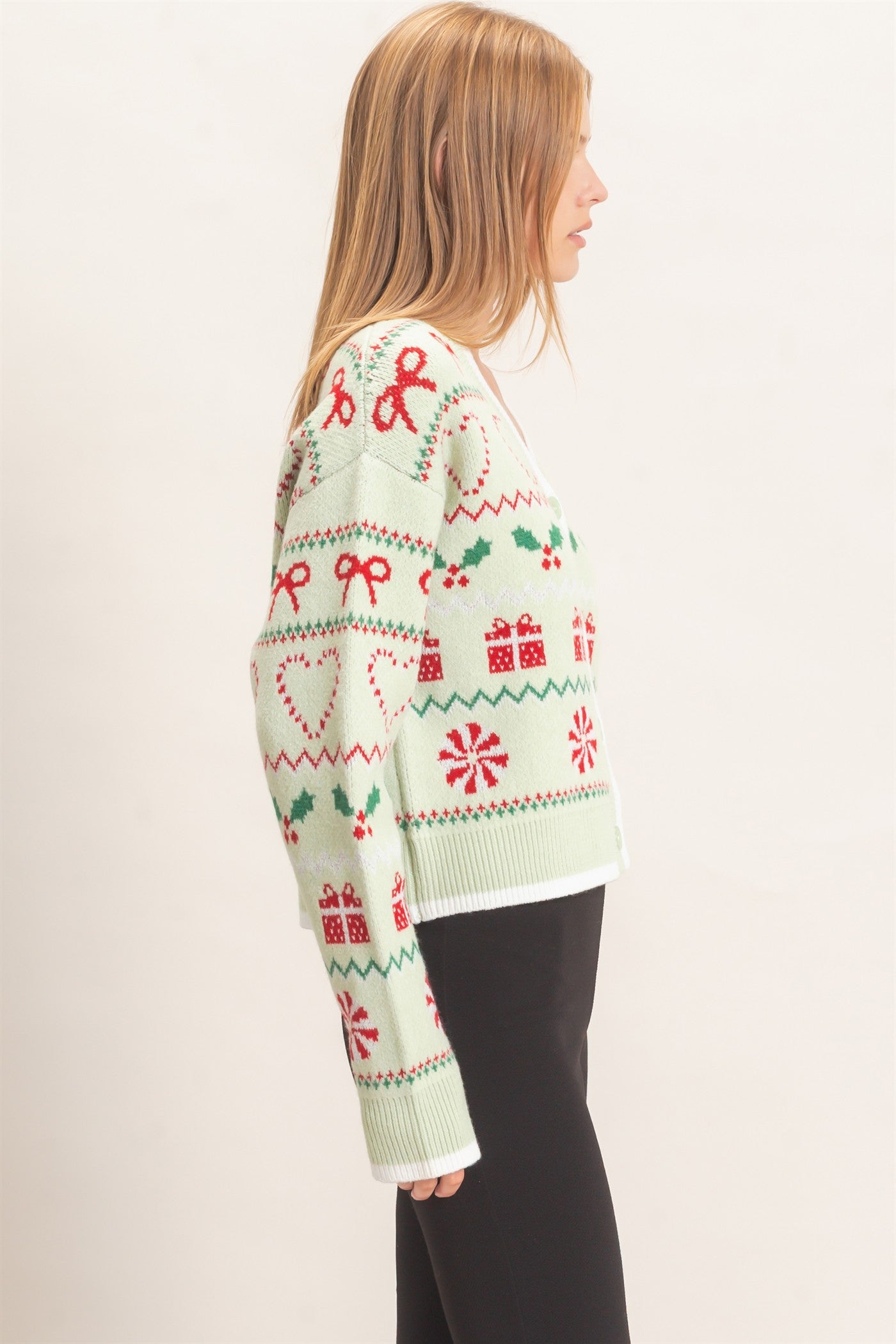 Wholesale Holiday Jacquard V-Neck Cardigan Cardigans HF26E919 SAGE GREEN HYFVE