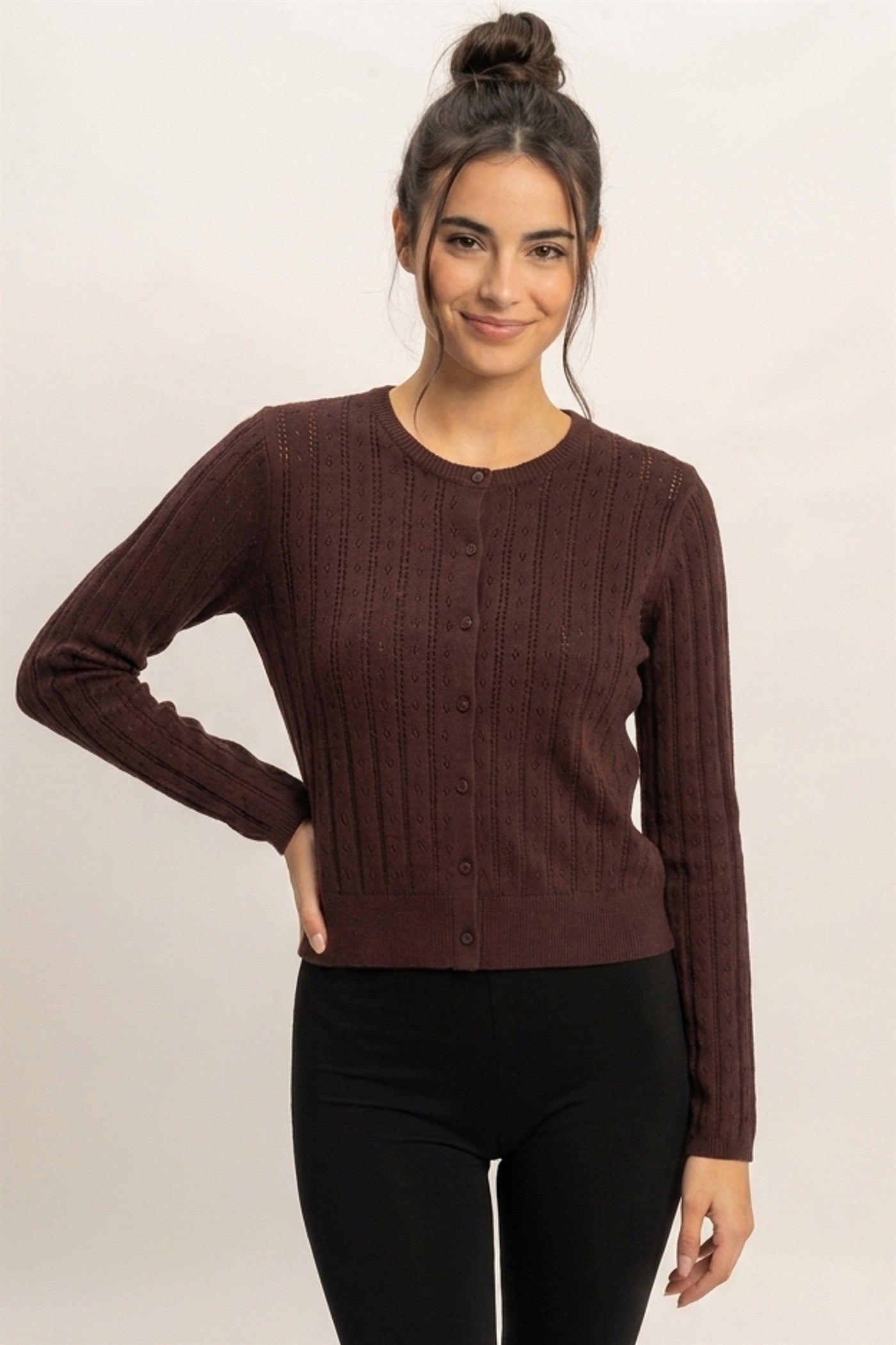 Wholesale Pointelle Button-Down Cardigan Cardigans DZ26E302 DARK BROWN DOUBLE ZERO