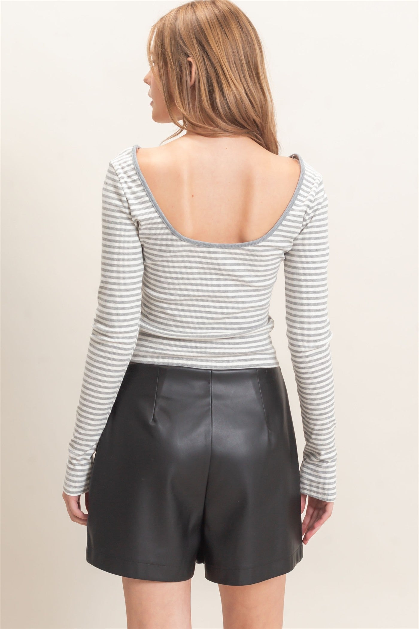 Wholesale Striped Boat Neck Long Sleeve Top Clothing Tops HF26F080 GRAY/WHITE HYFVE