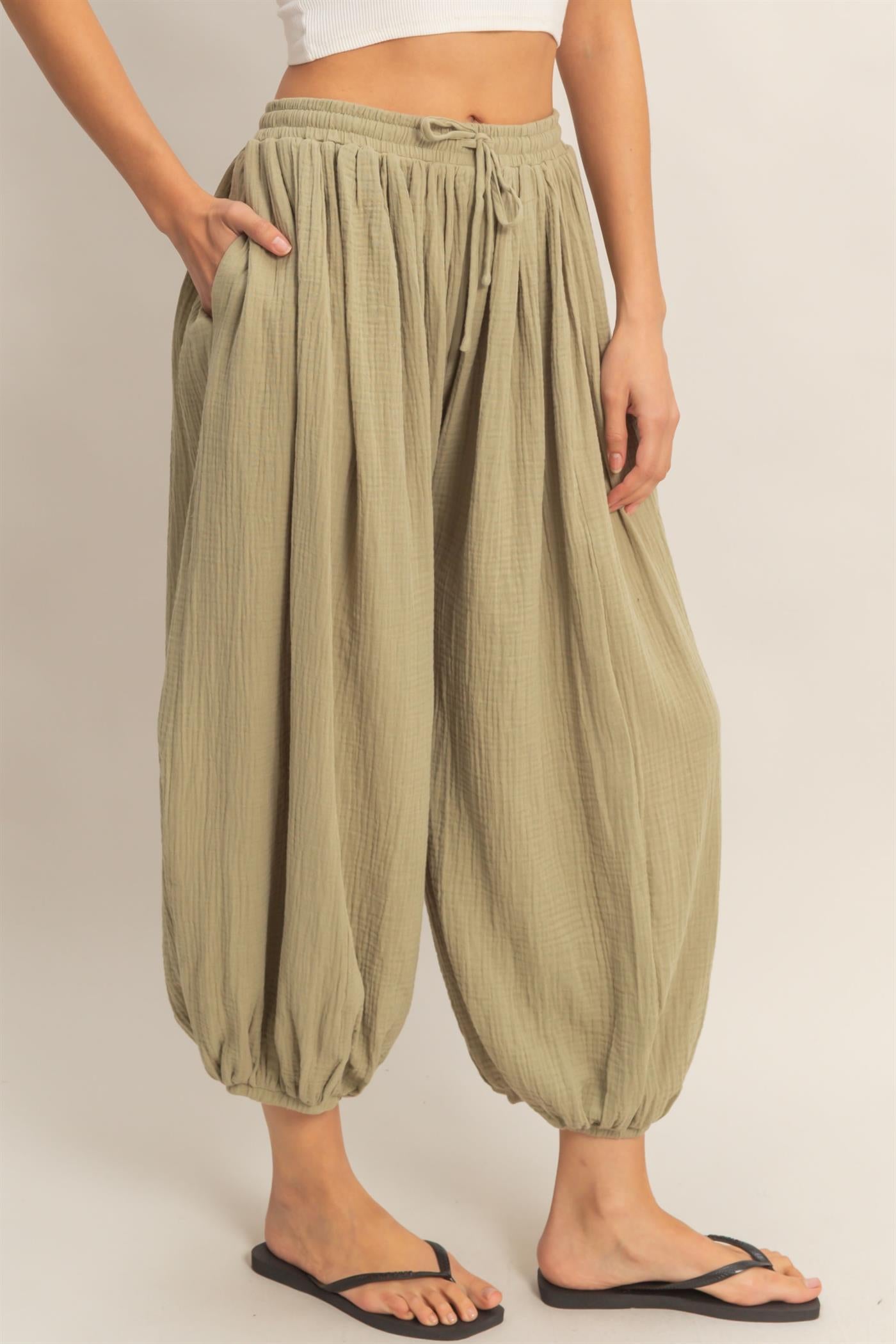 Wholesale Gauzed Elastic Waist Balloon Joggers Pants Pants HF26C320 LIGHT OLIVE HYFVE