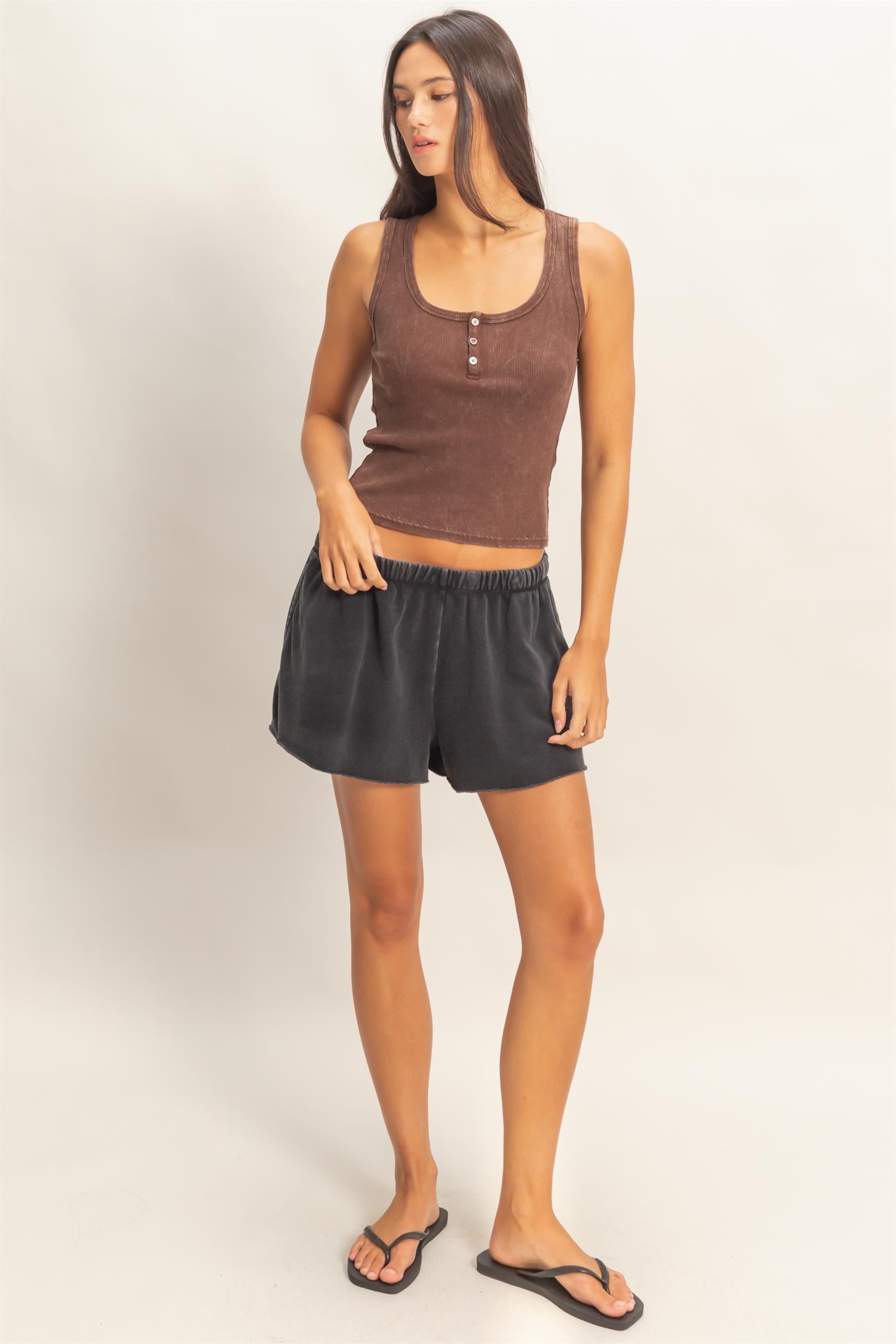 Wholesale Acid Washed Henley Ribbed Tank Top Tank Tops DZ26C661 CHOCOLATE DOUBLE ZERO