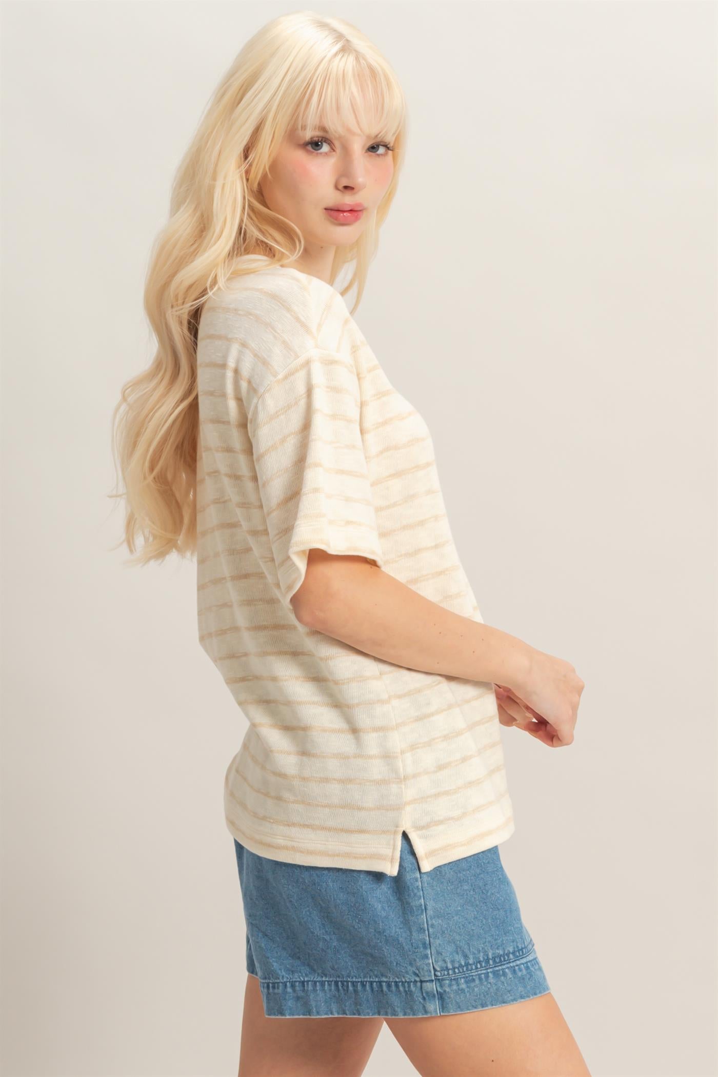 Wholesale Striped Short Sleeve Henley Top Clothing Tops DZ26A653 TAUPE DOUBLE ZERO