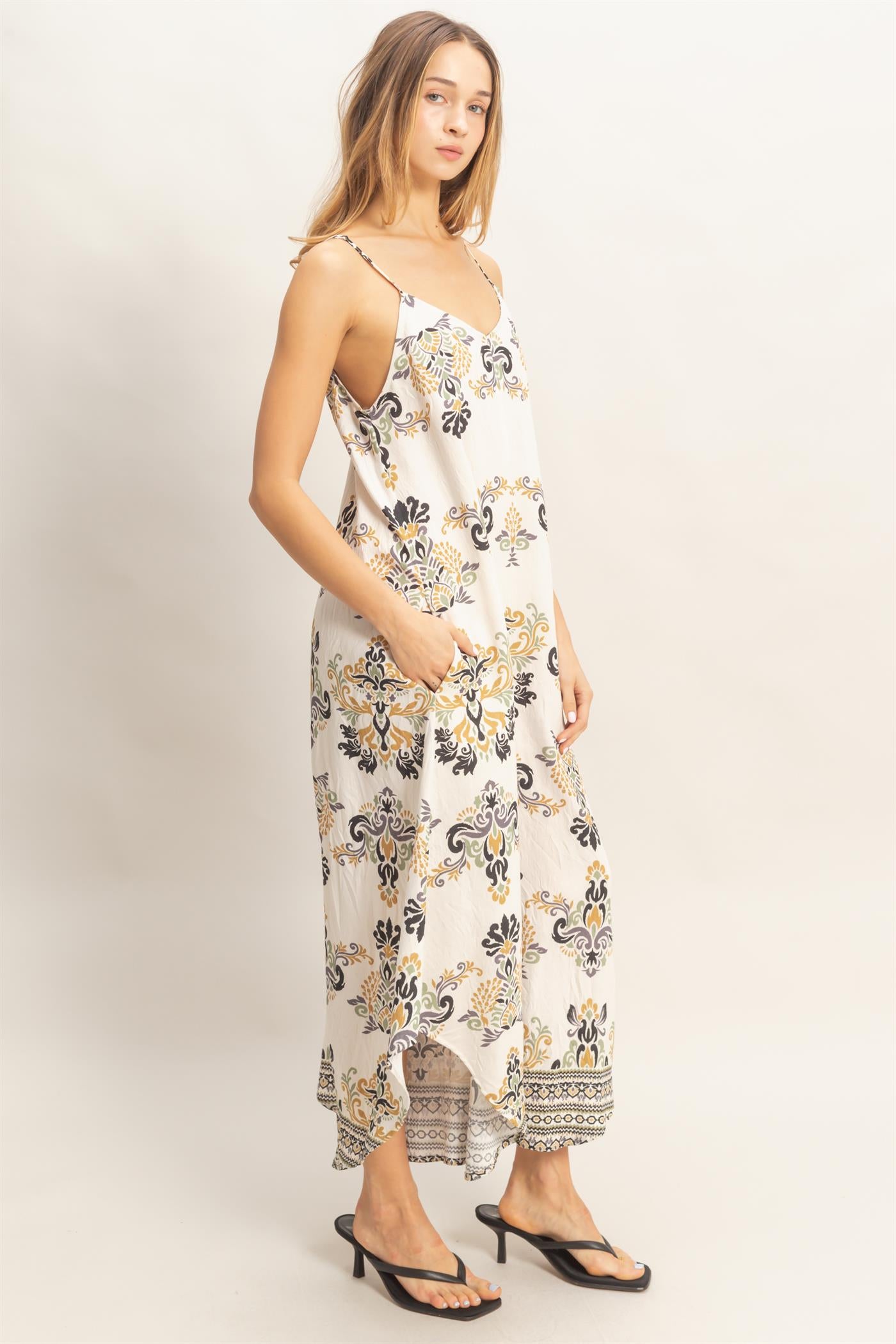 Wholesale Floral Print Spaghetti Jumpsuit Clothing HF26C357-D BLACK HYFVE