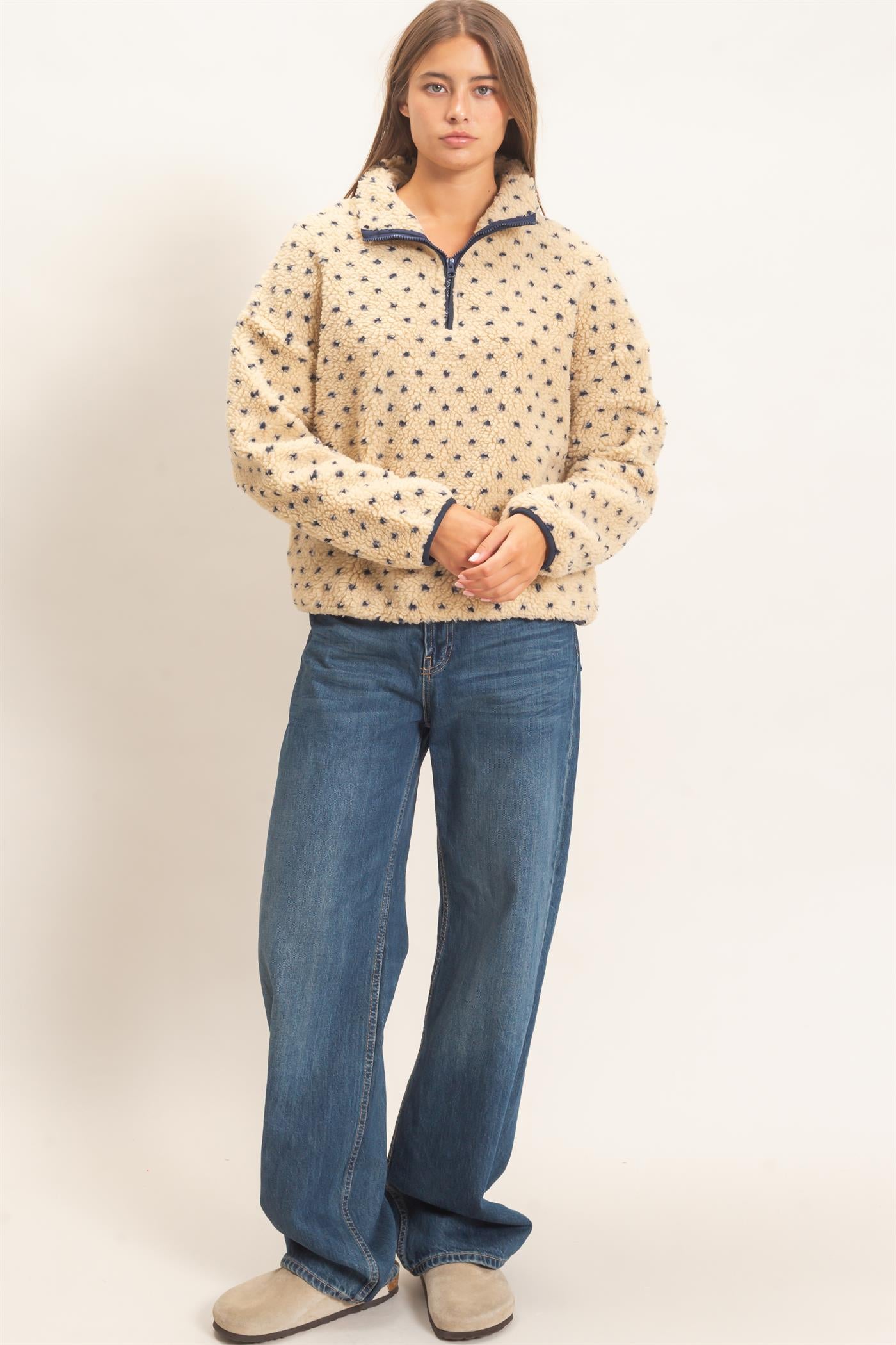 Wholesale Polka Dot Sherpa Half-Zip Pullover Coats & Jackets DZ26F161 NAVY DOUBLE ZERO