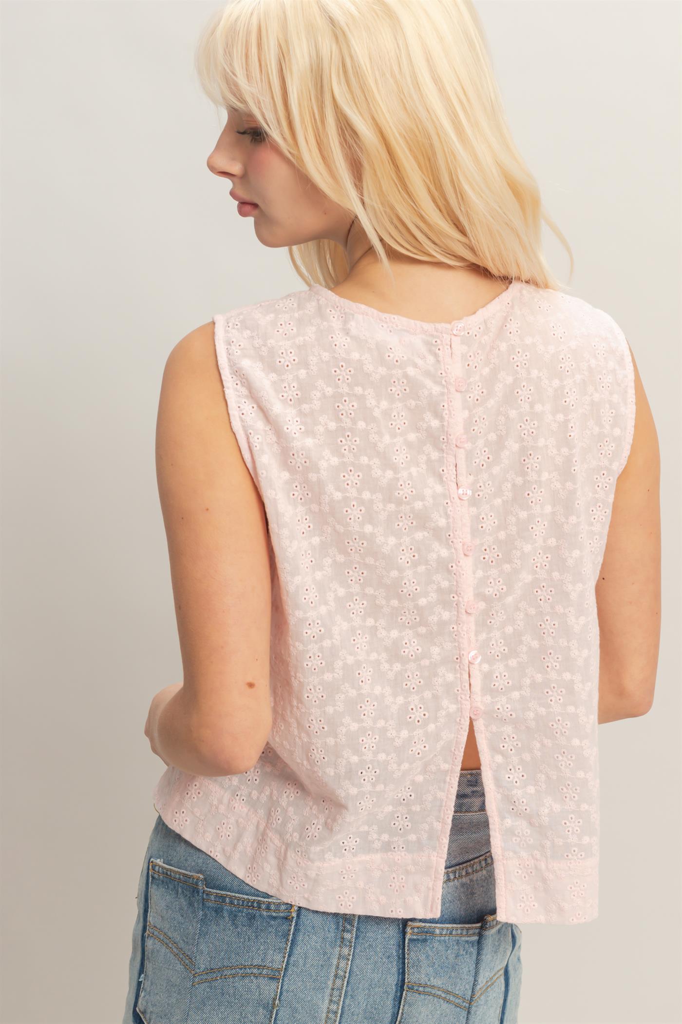 Wholesale Eyelet Sleeveless Top With Back Buttons Clothing Tops DZ26C541 SOFT PINK DOUBLE ZERO