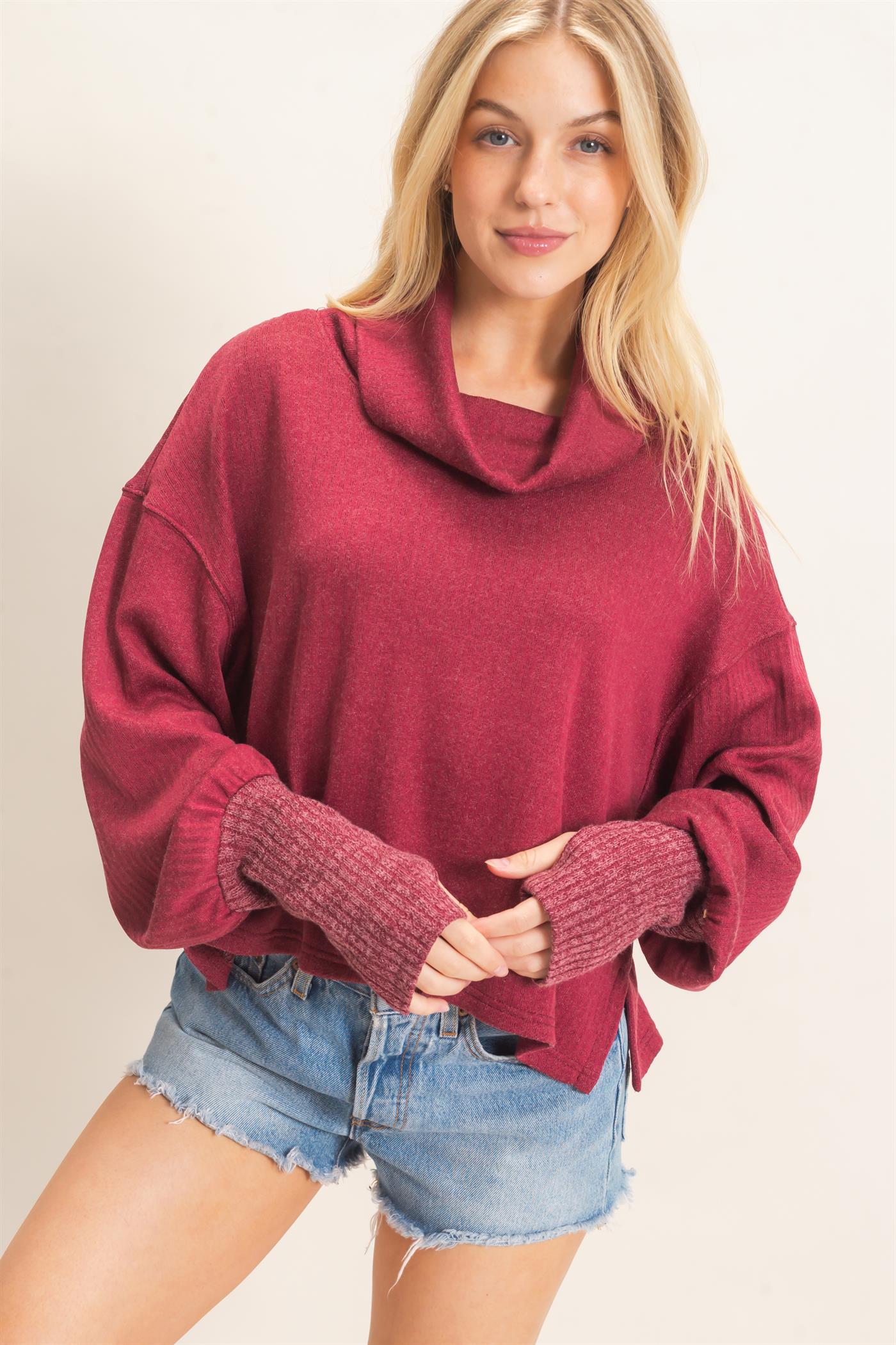 Wholesale Loose Turtleneck Long Sleeve Top Clothing Tops HF26F258 RED HYFVE