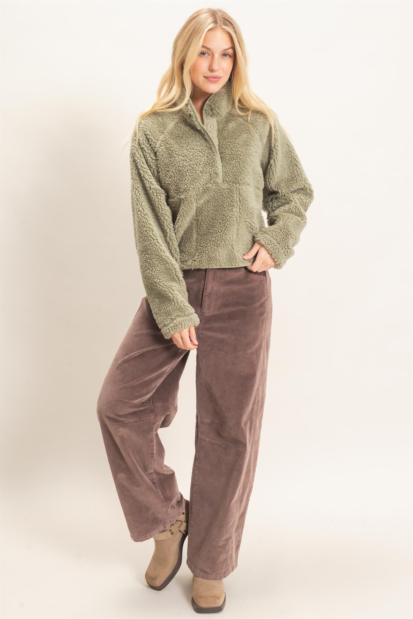 Wholesale Half-Zip Sherpa Jacket Sweatshirts HF26F130-D OLIVE HYFVE