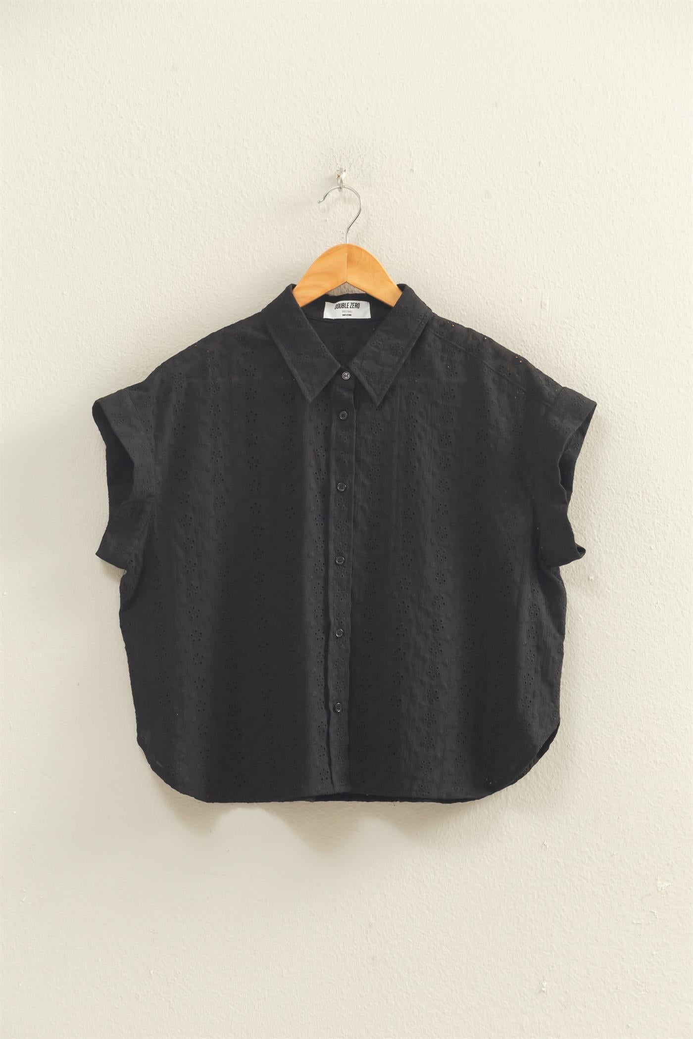 Wholesale Eyelet Dolman Short Sleeve Button Up Shirt Clothing Tops DZ26C088 BLACK DOUBLE ZERO