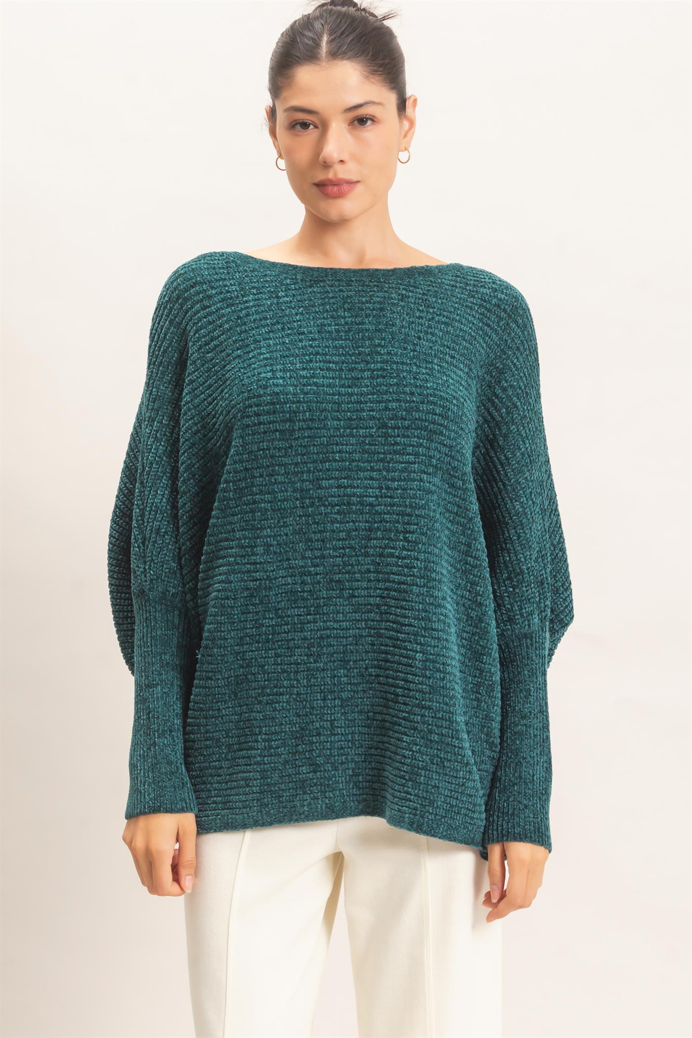 Wholesale Chenille Boat Neck Dolman Sleeve Sweater Sweaters HF26F185 D.GREEN HYFVE
