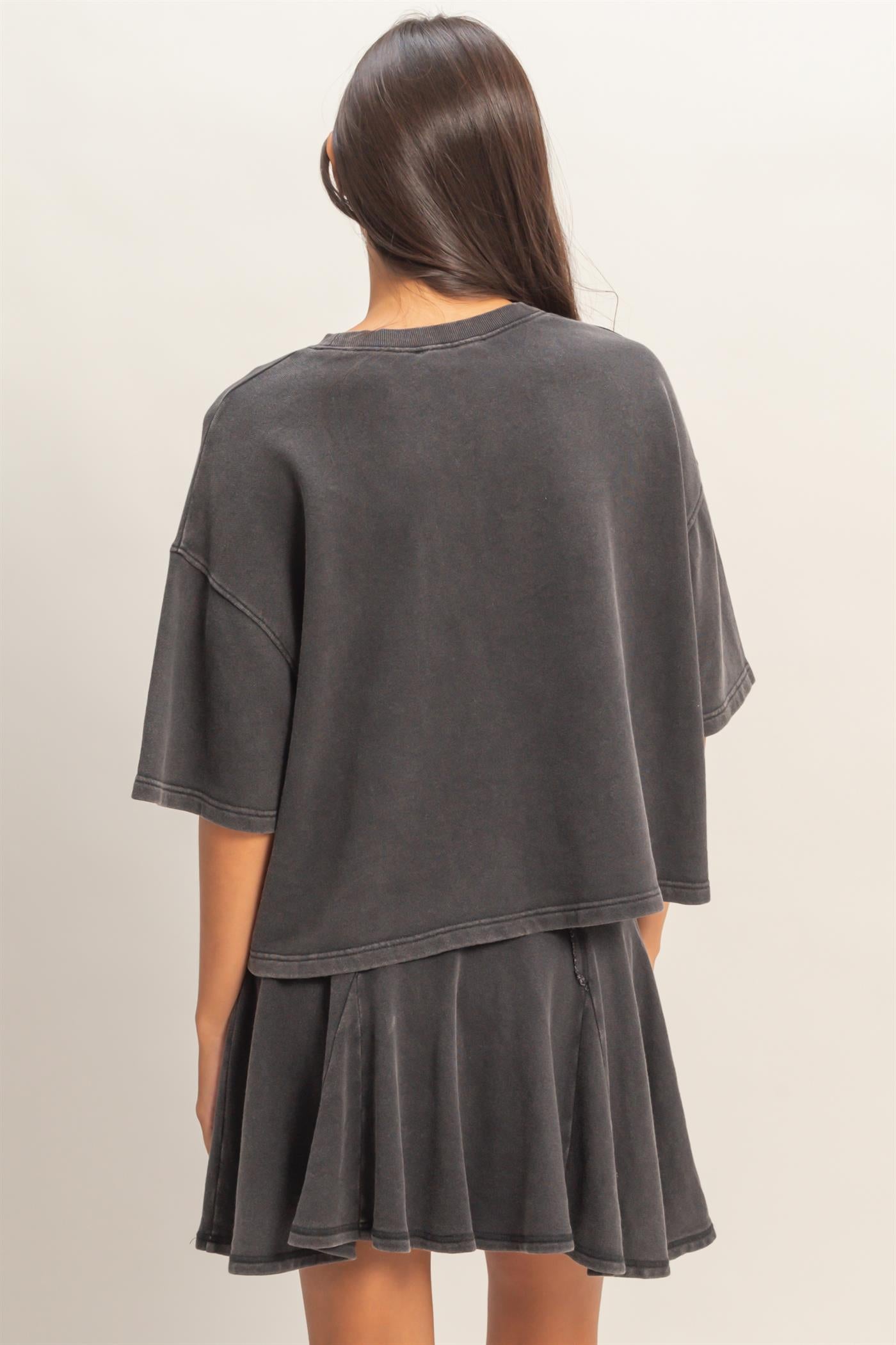 Wholesale Acid Wash Boxy Crew Neck Top T-Shirts DZ26C093 BLACK DOUBLE ZERO