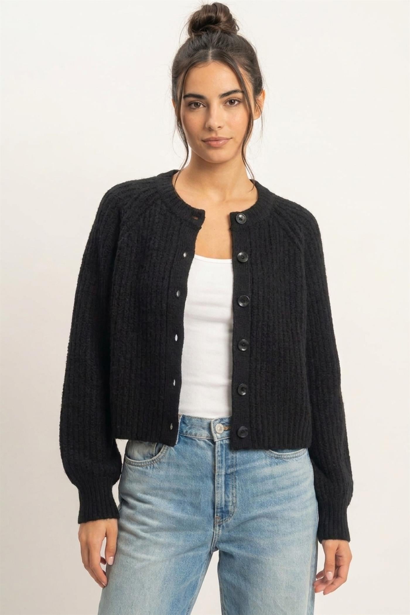 Wholesale Ribbed Button Front Cardigan Cardigans DZ26E109 BLACK DOUBLE ZERO