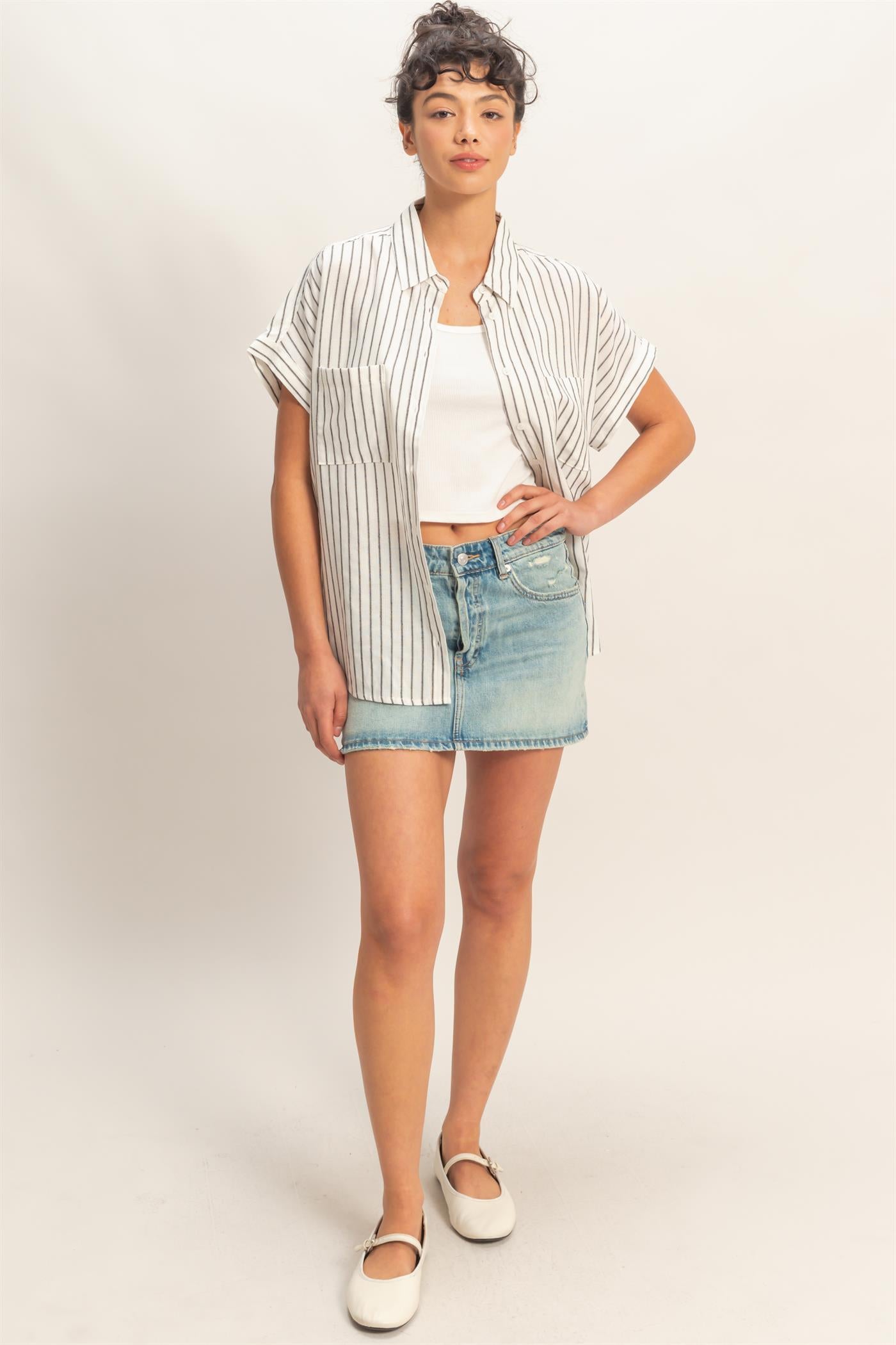 Wholesale Striped Button-Up Dolman Sleeve Shirt Shirts DZ26A207 BLACK DOUBLE ZERO