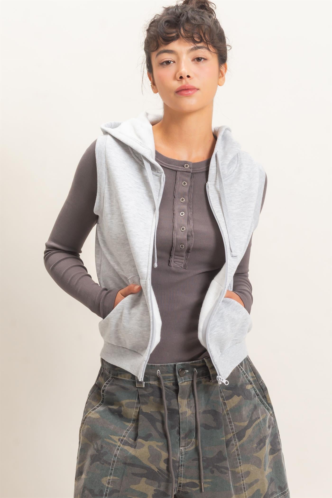 Wholesale Sleeveless Zip Up Hoodie Hoodies DZ26E330 HEATHER GRAY DOUBLE ZERO