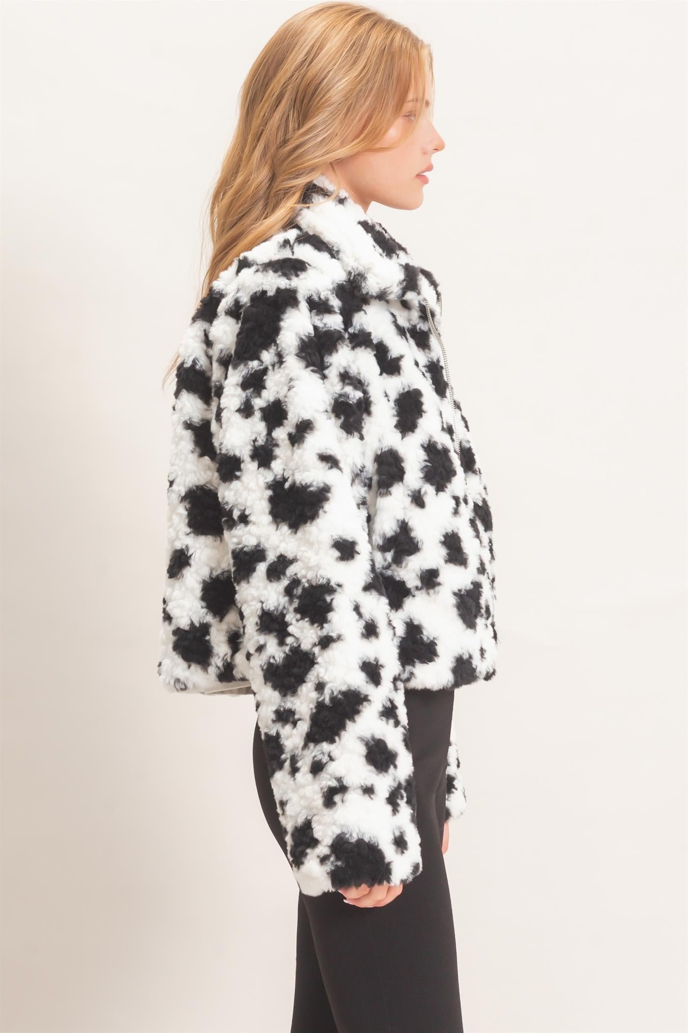 Wholesale Cow Print Faux Fur Zip-Up Jacket Coats & Jackets HF26F056 BLACK HYFVE