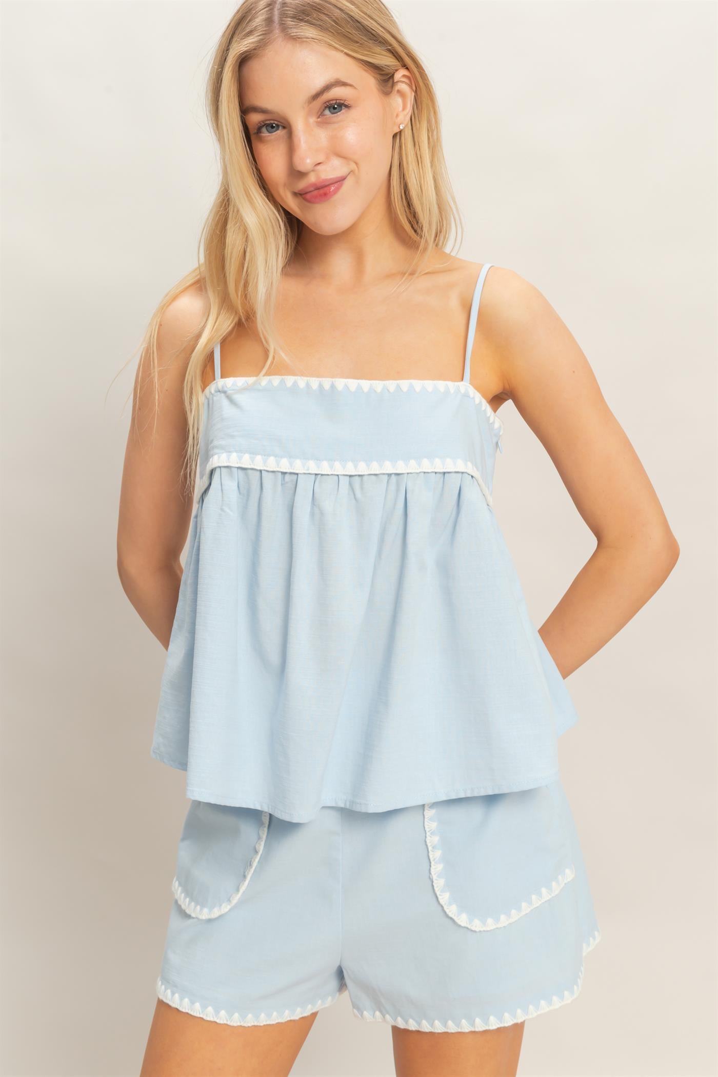 Wholesale Sleeveless Babydoll Top Blouses HF26A485 L.BLUE HYFVE