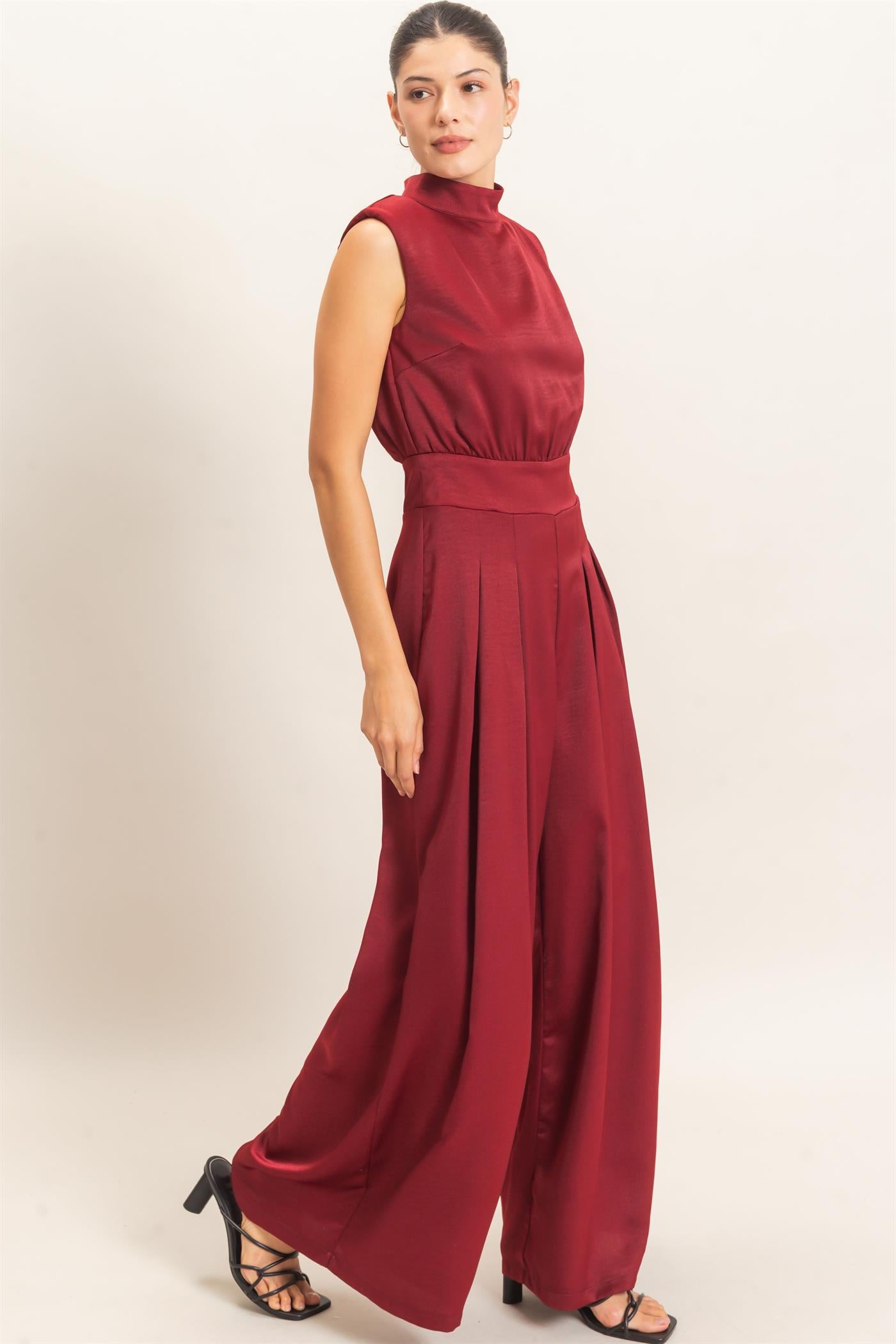 Wholesale Sleeveless Mock Neck Jumpsuit Clothing HF26F209-D WINE HYFVE