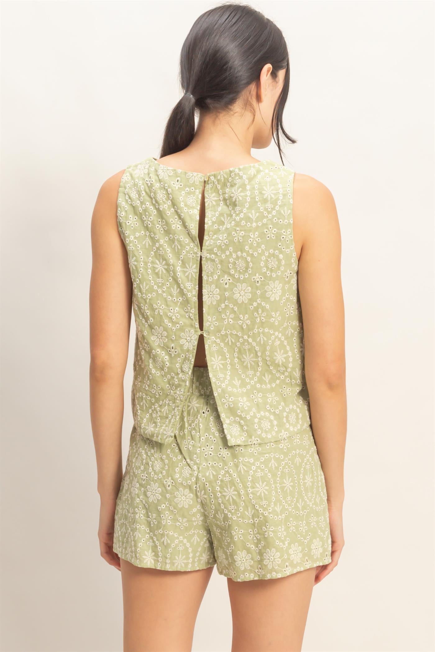 Wholesale Eyelet Sleeveless Top & Shorts Set Clothing HF26C216-SET GREEN HYFVE