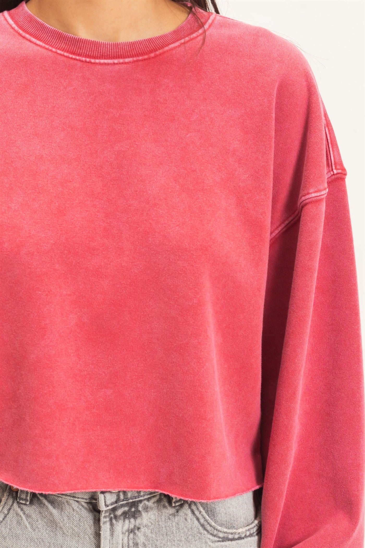 Wholesale Mineral Wash Raw Hem Cropped Sweatshirt Sweatshirts DZ26C968 DARK RED DOUBLE ZERO
