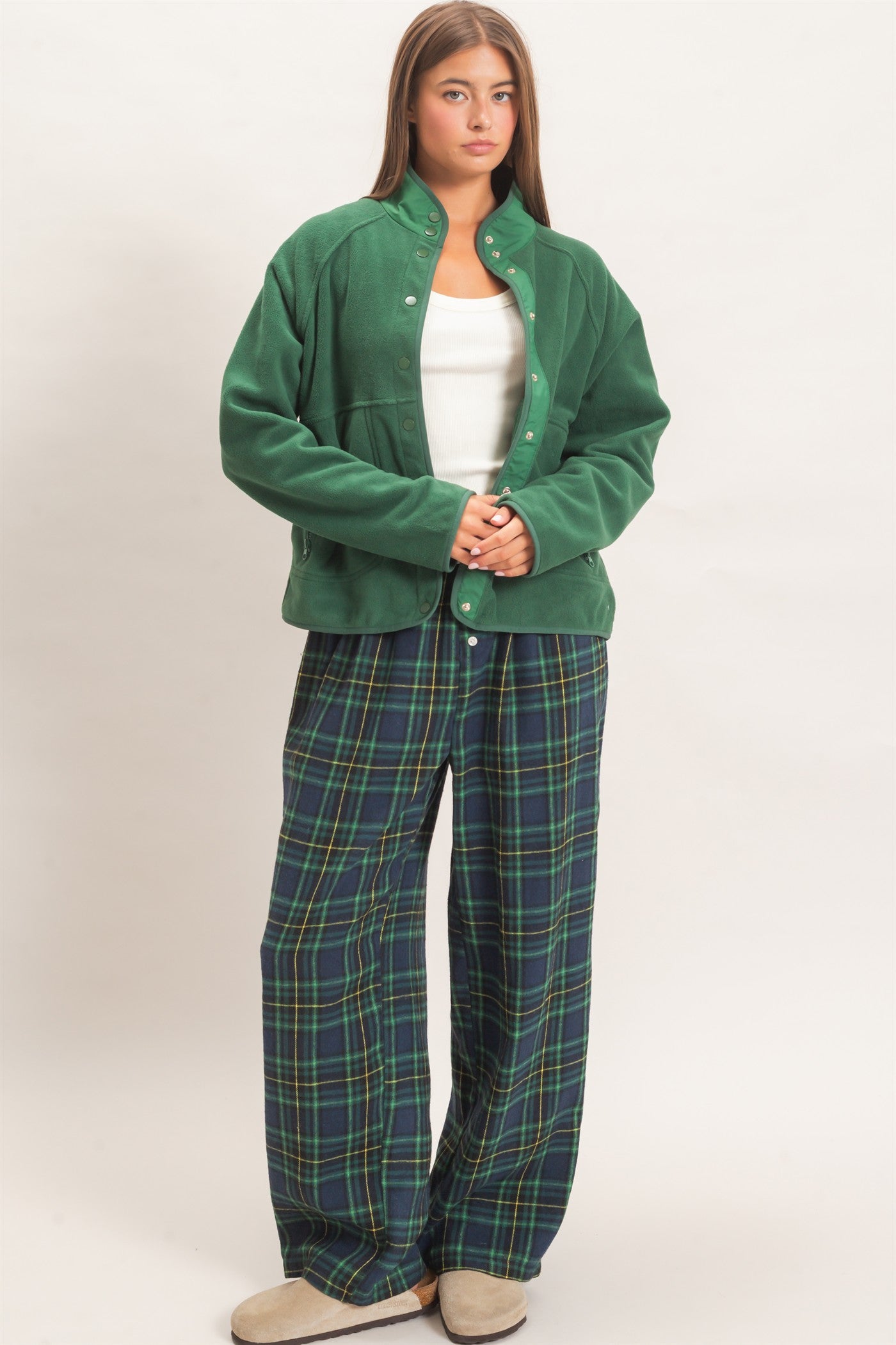 Wholesale Fleece Jacket With Button Front Coats & Jackets DZ26F086 DARK GREEN DOUBLE ZERO