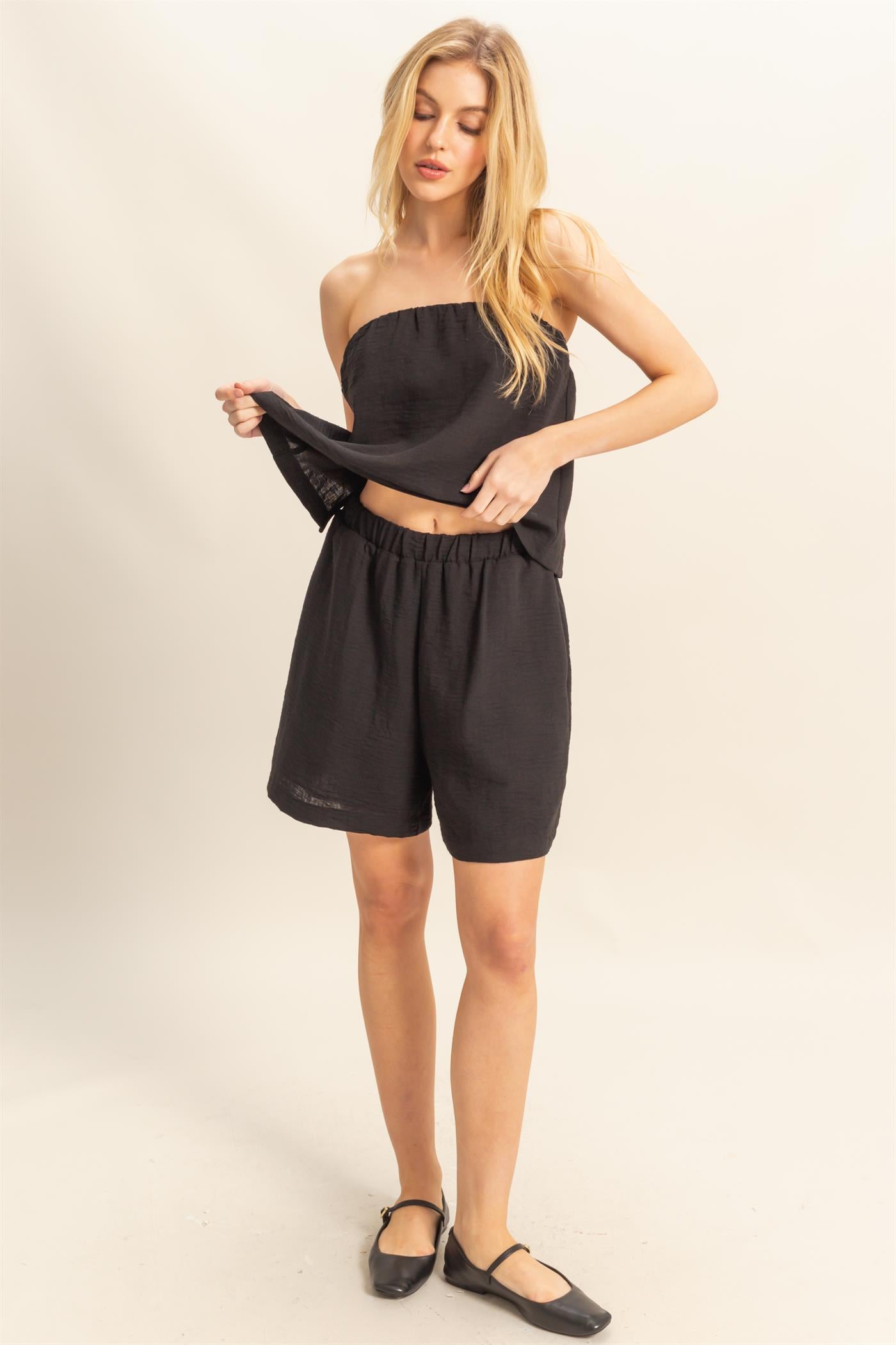 Wholesale Tube Top And Flowy Shorts Set Clothing HF25A273-SET BLACK HYFVE
