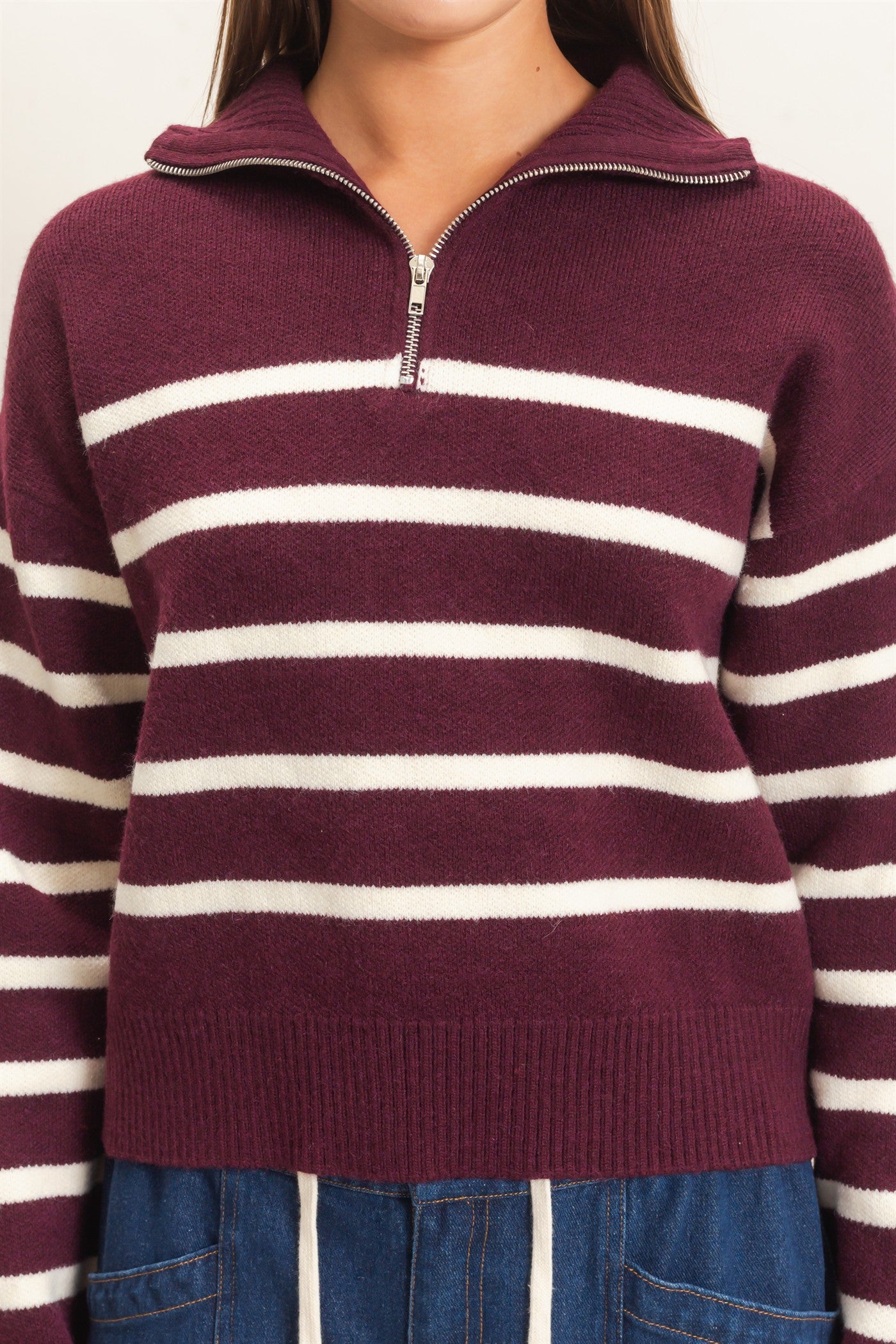 Wholesale Half-Zip Collared Stripe Sweater Sweaters DZ26E950 DARK CHERRY DOUBLE ZERO